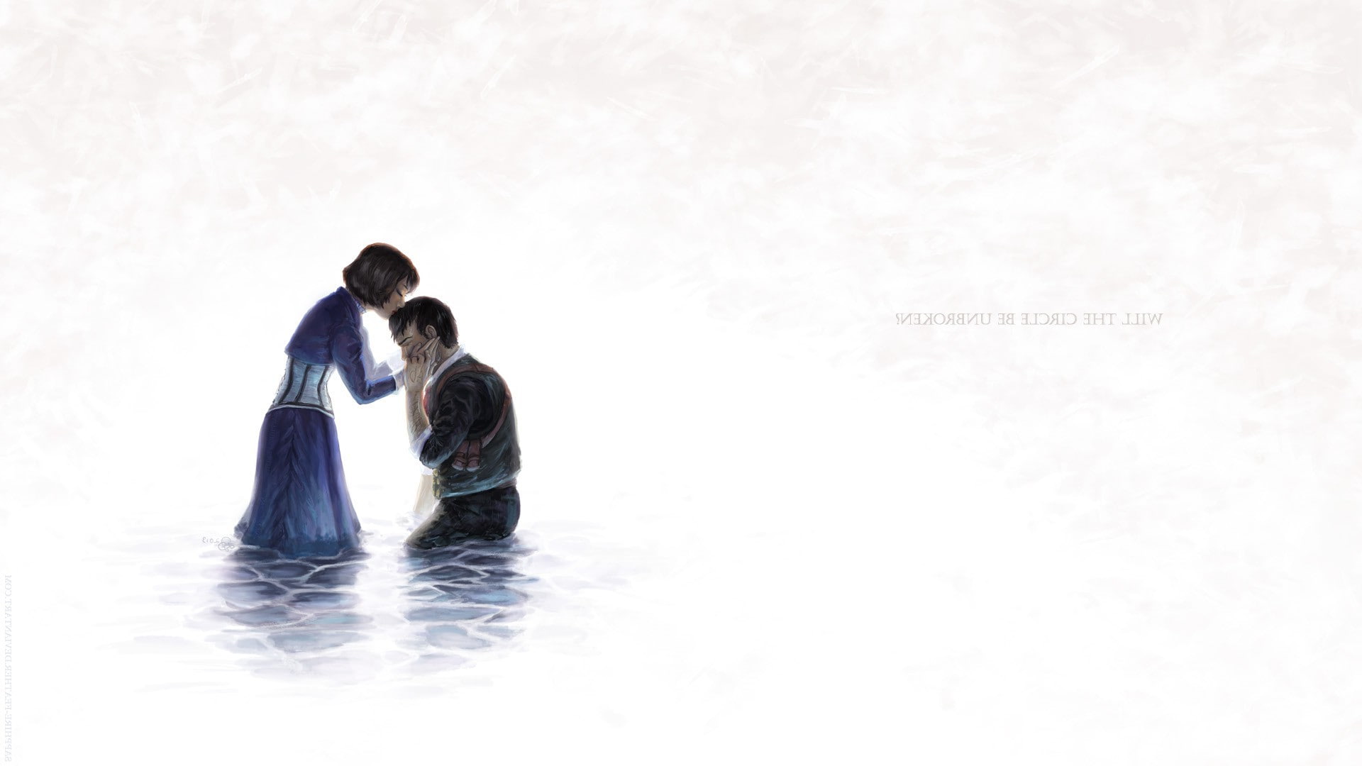 Elizabeth (BioShock), water, standing, nature, women, child, digital art, love, positive emotion, White Background, girls, 1080P, adult, Booker DeWitt, HD Wallpaper