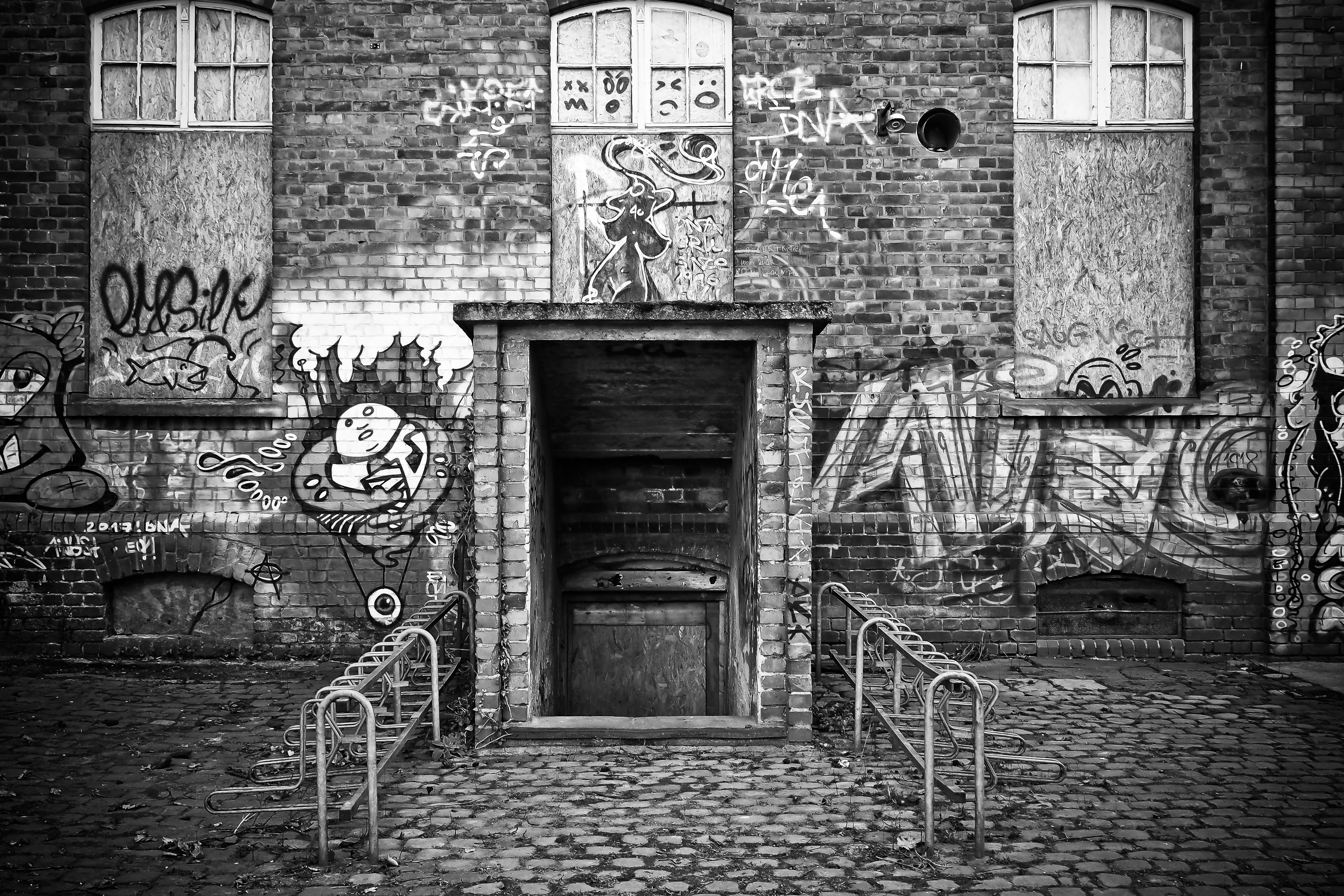 window, home, door, facade, text, black and white, closed, day, brick, leave, lost places, the past, bricks, architecture, grayscale, creativity, building exterior, HD Wallpaper