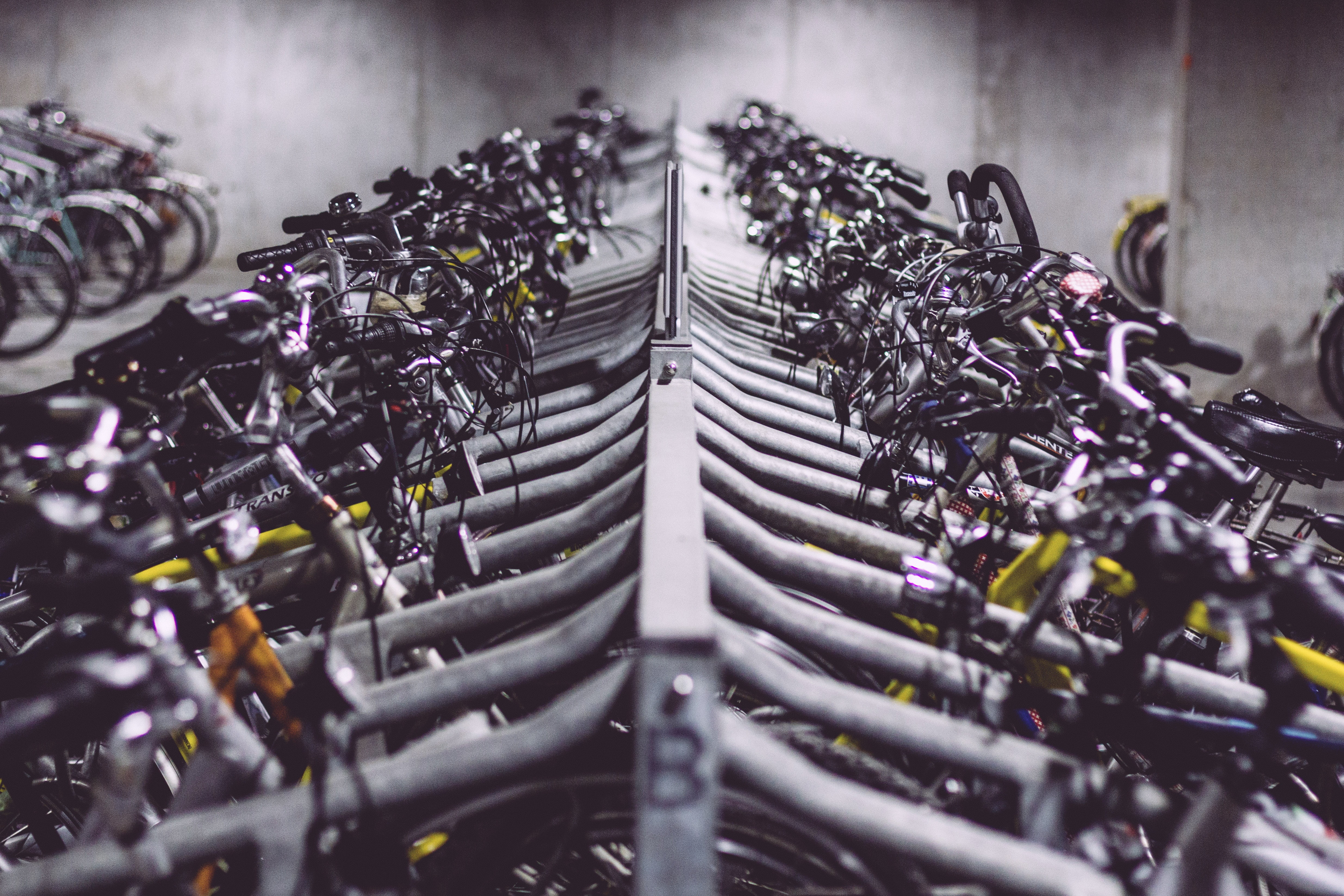 mode of transportation, security, industry, still life, technology, grayscale, bikes, indoors, selective focus, close-up, 4K, photo, abundance, business, HD Wallpaper