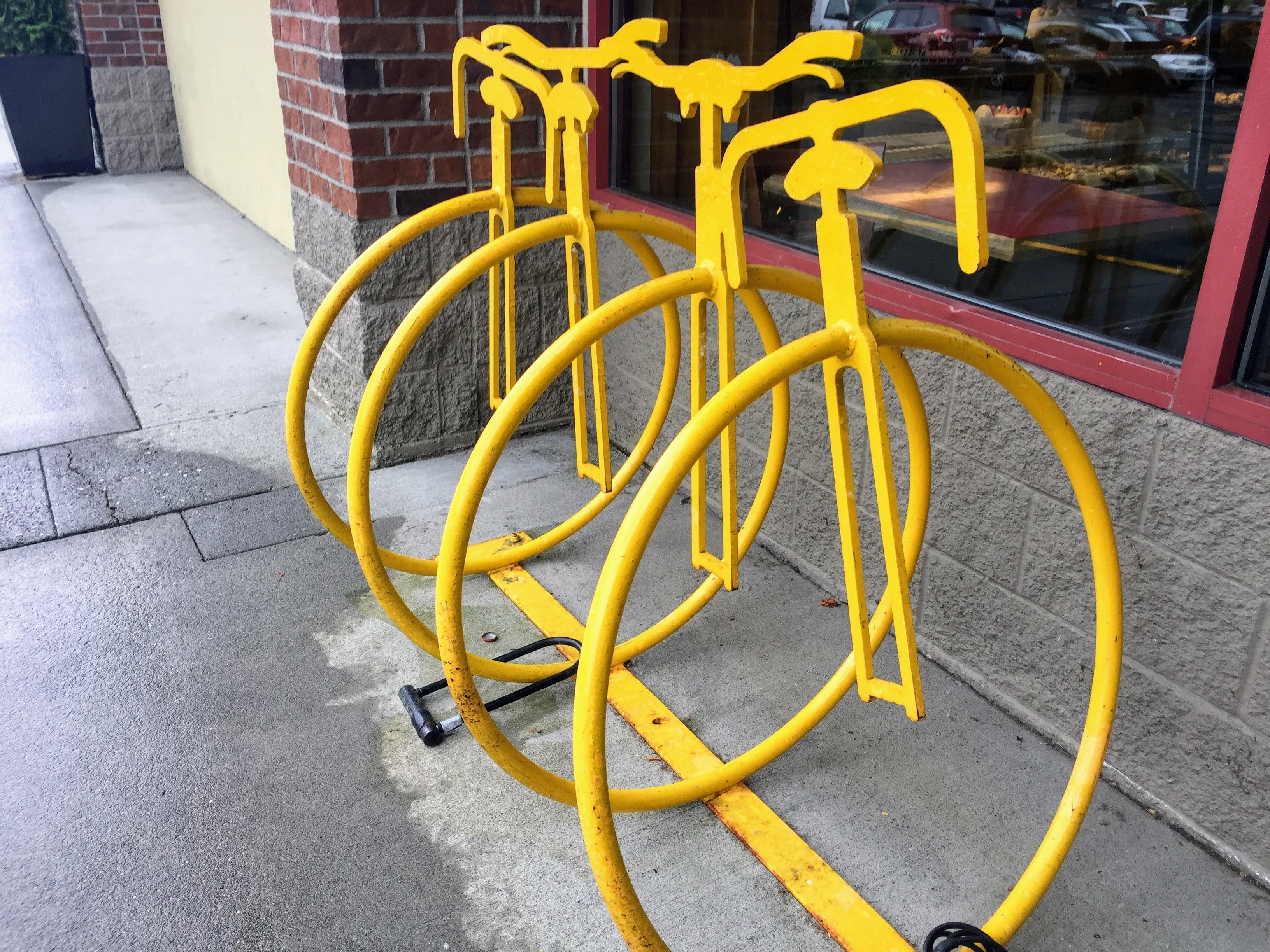 footpath, wheel, bike rack, city, washington state, building exterior, building, outside, security, lake forest park, bicycle rack, yellow, 2K, street, HD Wallpaper