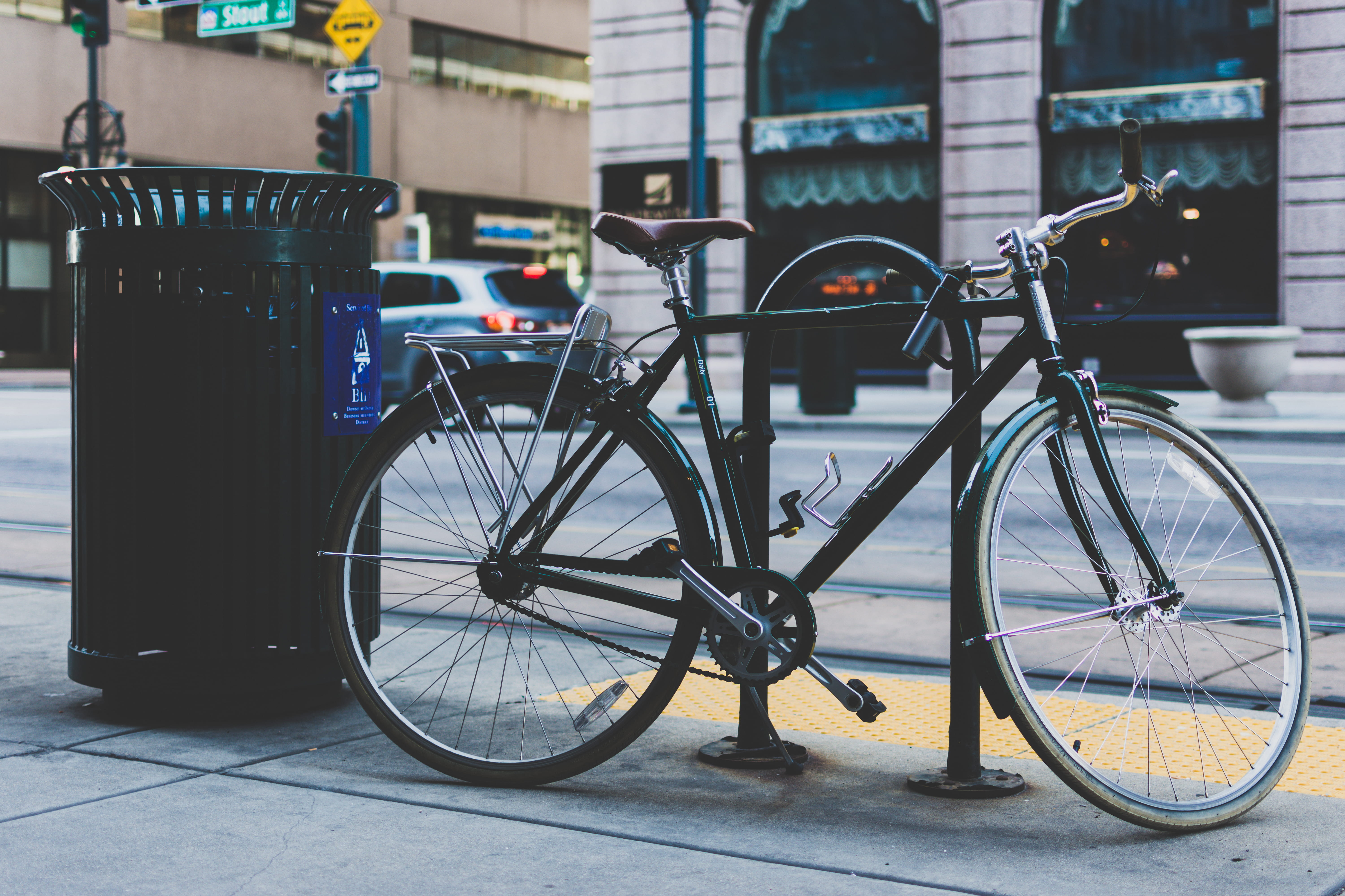 basket, transportation, denver, pedal, next, city, street light, day, trash, bike rack, travel, lock, handlebar, mountain, person, black, protection, sign, HD Wallpaper