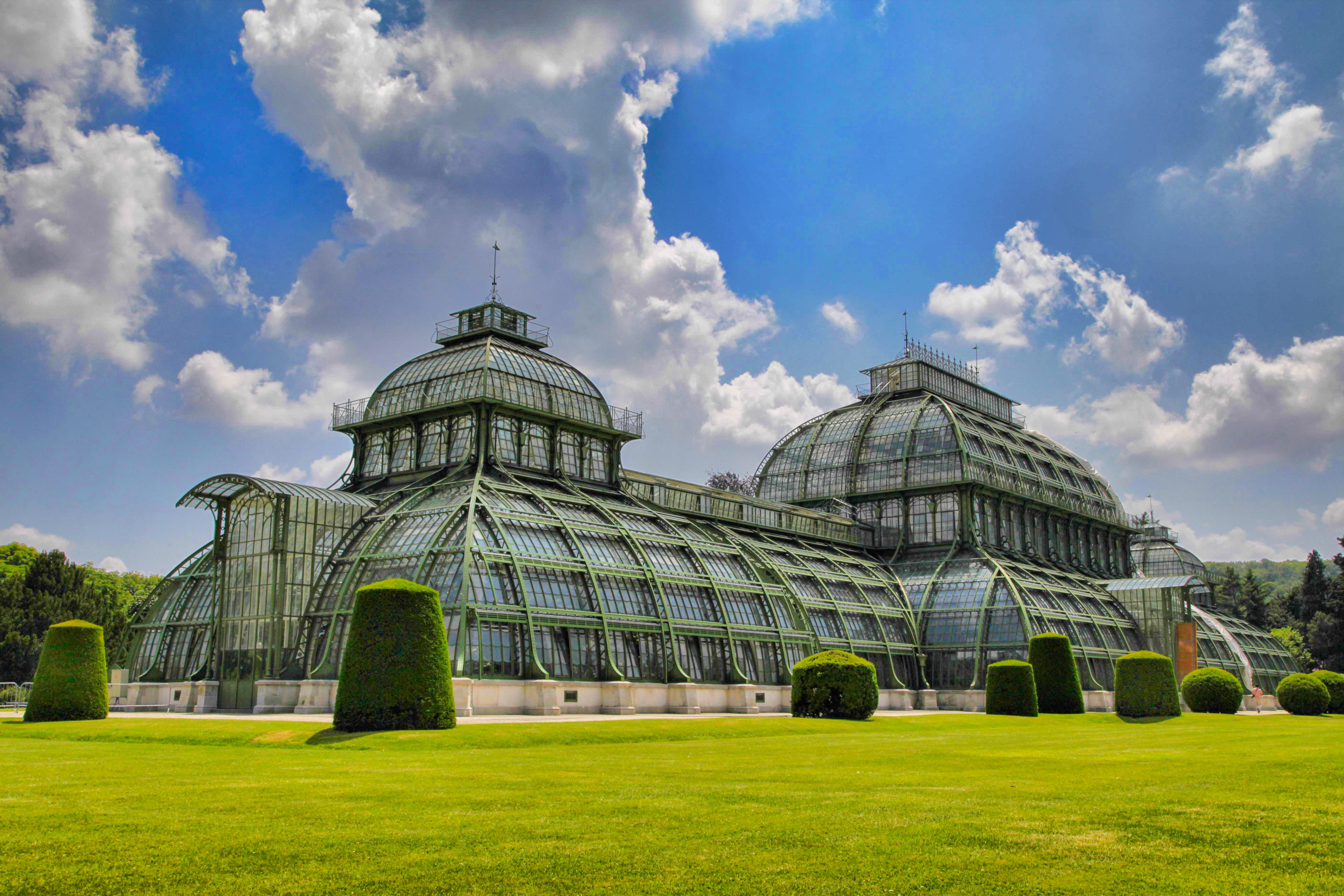 no people, tourism, austria, travel, travel destinations, tourist attraction, cloud - sky, dome, clouds, city, outdoors, architecture, palmenhaus schonbrunn, HD Wallpaper