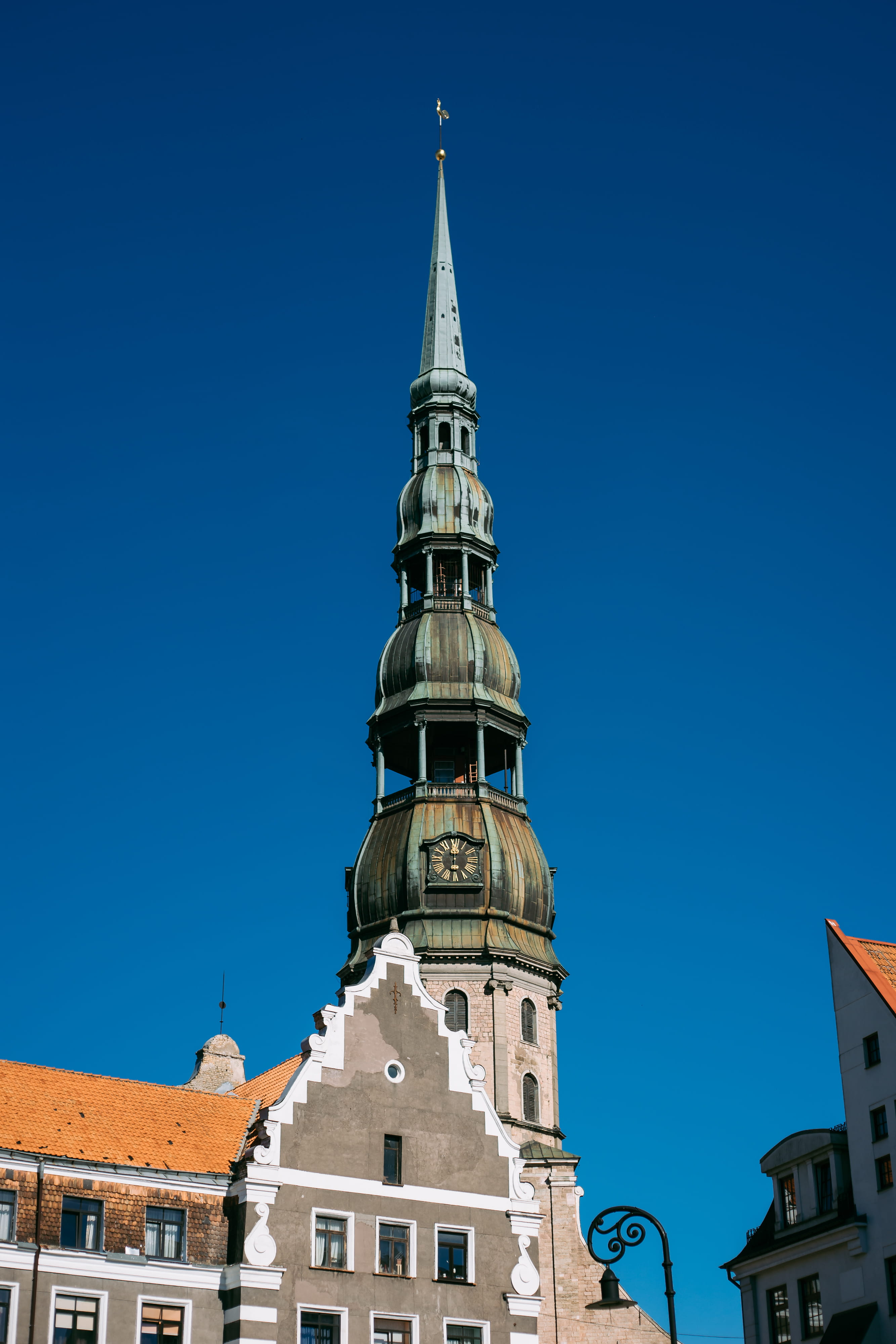 clear sky, city, travel, church, clock tower, religion, old, famous Place, tower, belief, low angle view, blue, Latvia, spire, architecture, travel destinations, Phone HD Wallpaper