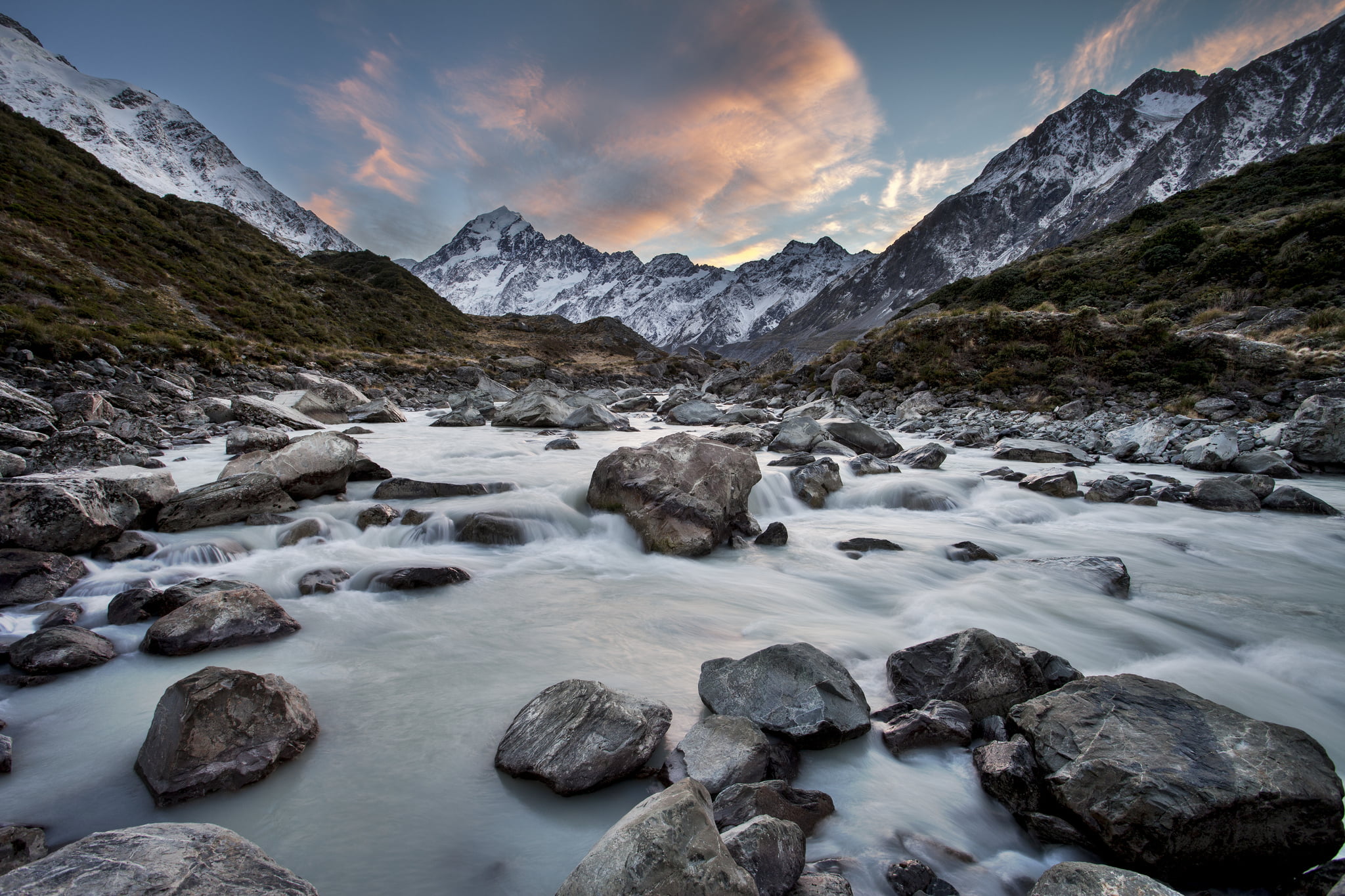 Hooker River, 1080P, stones, New Zealand, river, Mount Cook National Park, mountains, HD Wallpaper