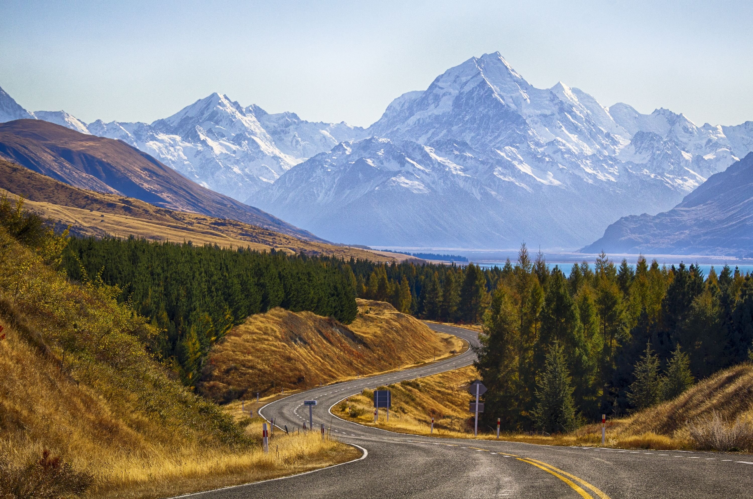 national, road, zealand, 2K, mountain, cook, landscape, trees, park, mount, HD Wallpaper