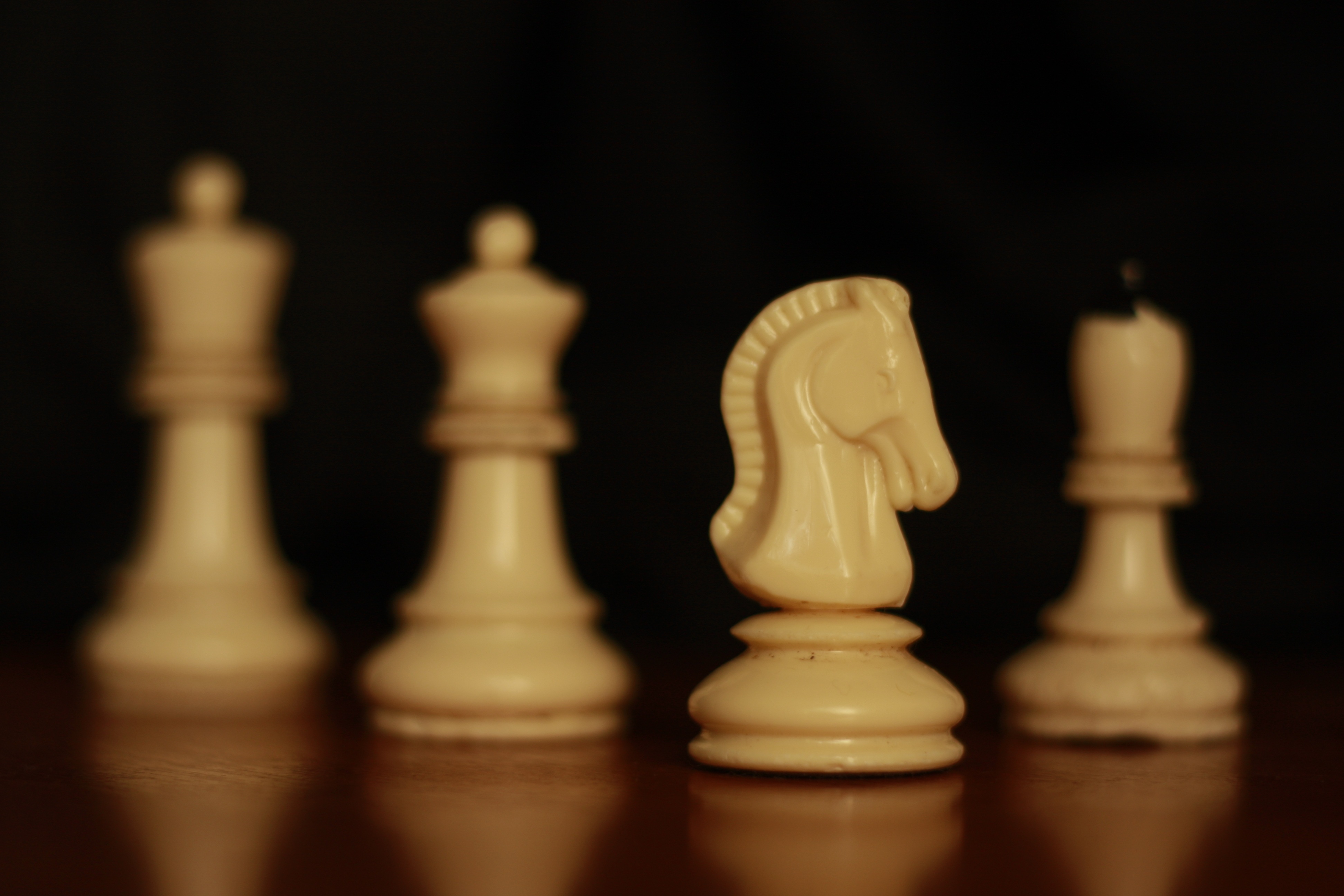 competition, wood - material, board, close-up, group of objects, skill, chess, board game, play, chess piece, black background, brown, horse, indoors, strategy, HD Wallpaper