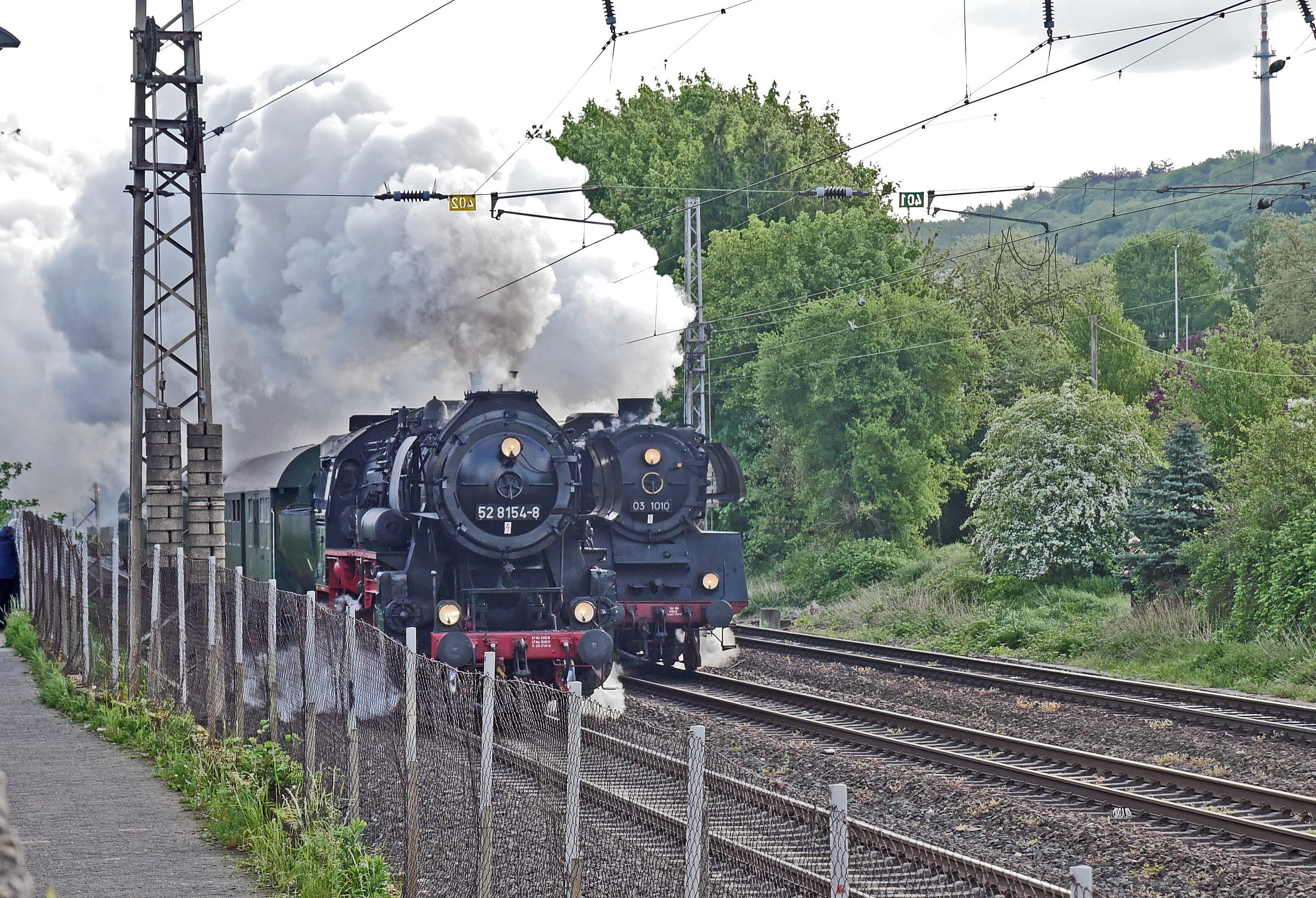outdoors, br 03-10, smoke - physical structure, the steam spectacle in 2018, railway line, the moselle valley, railway, br 52, track, goods train locomotive, HD Wallpaper