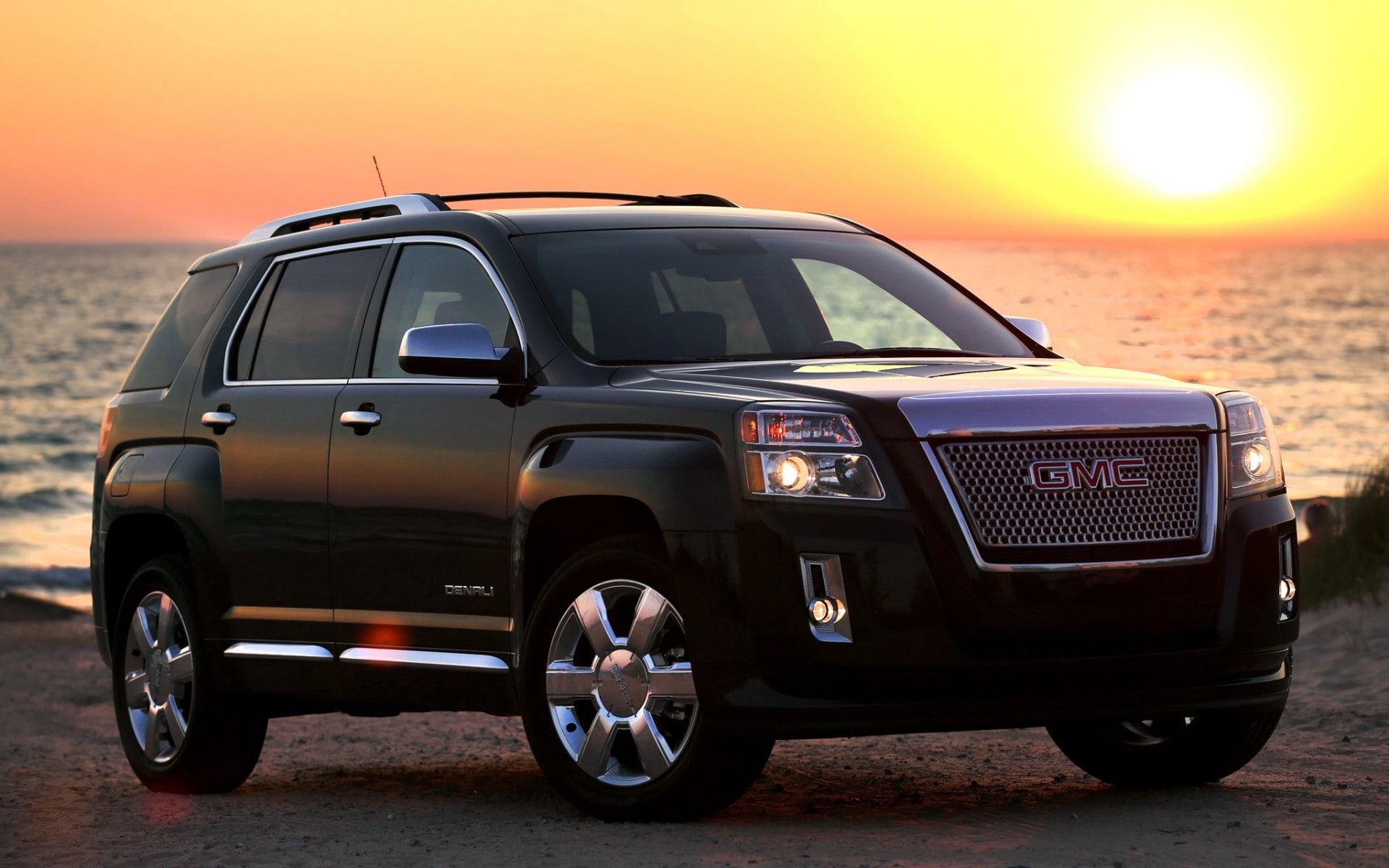 Sunset, sun, Denali, GMC, 1080P, beach, Jeep, Terrain, black, front, HD Wallpaper