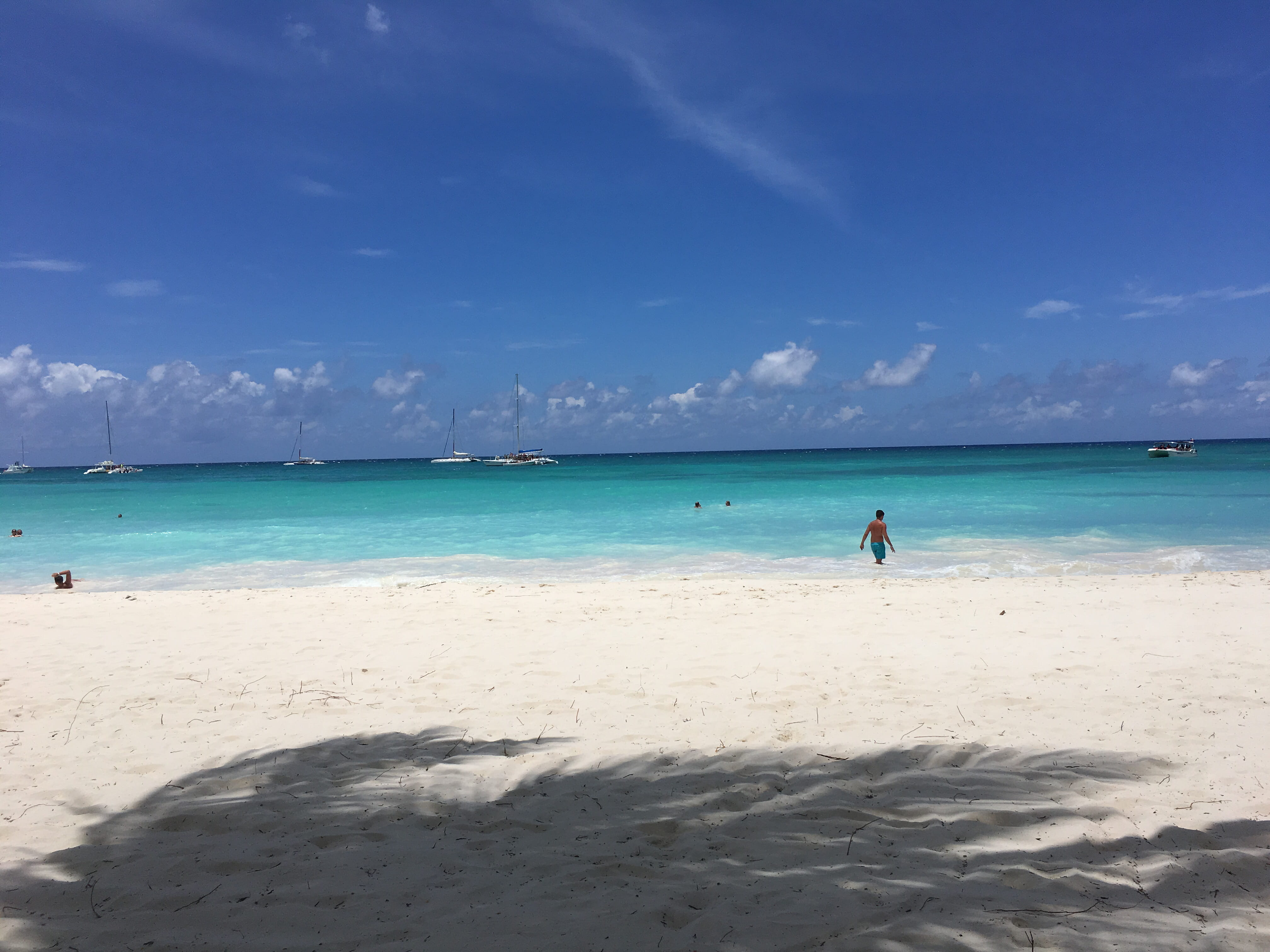 beach, sky, outdoors, water, palm, land, lifestyles, holiday, turquoise colored, non-urban scene, saona island, horizon, day, cloud - sky, sand, dominican republic, HD Wallpaper
