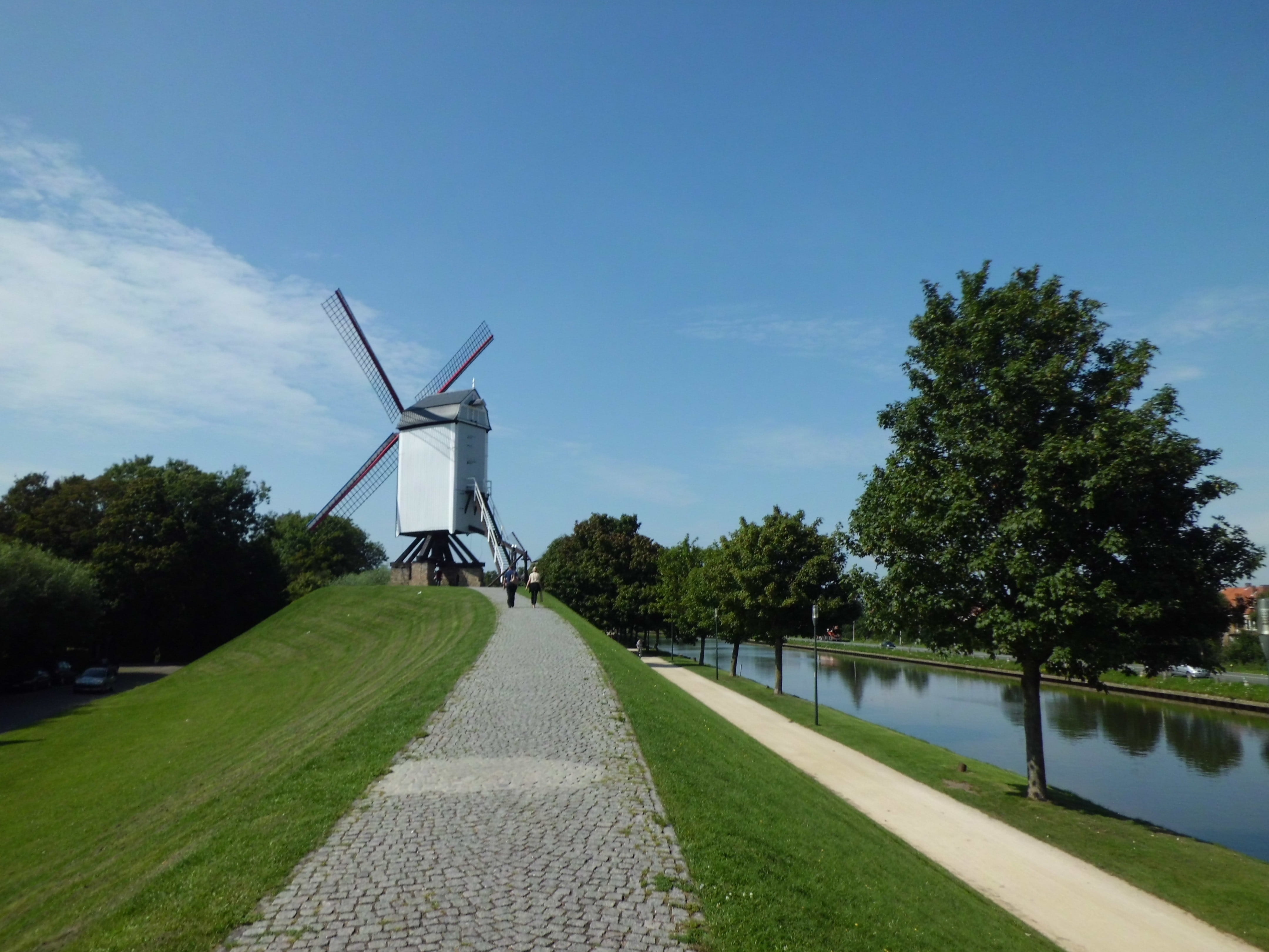 Champaign, canal, wind power, Mill, wind, wind Turbine, blue, summer, environmental conservation, traditional windmill, public domain, Belgium, renewable energy, HD Wallpaper