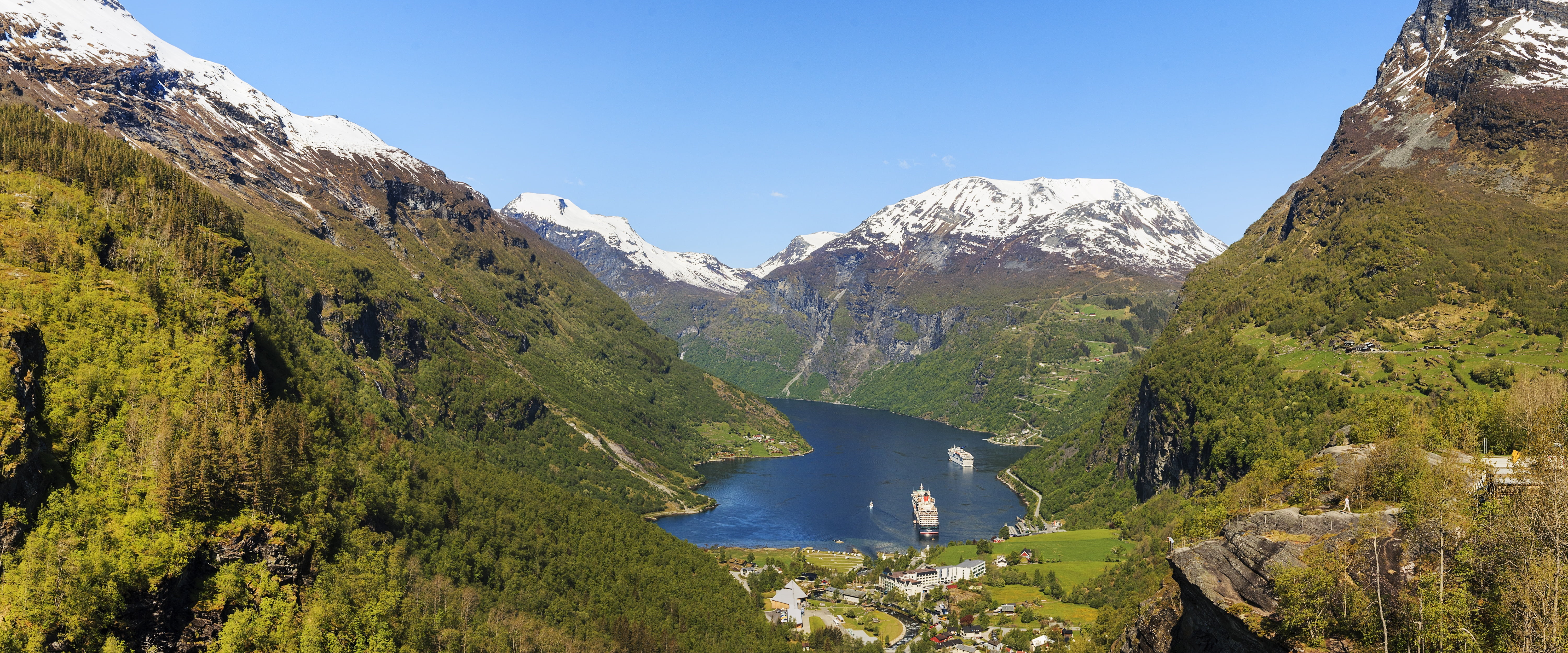 geiranger, body, tourism, ship, mountain, norway, non-urban scene, fjord, coniferous tree, scenery, beauty in nature, scenics - nature, land, no people, HD Wallpaper