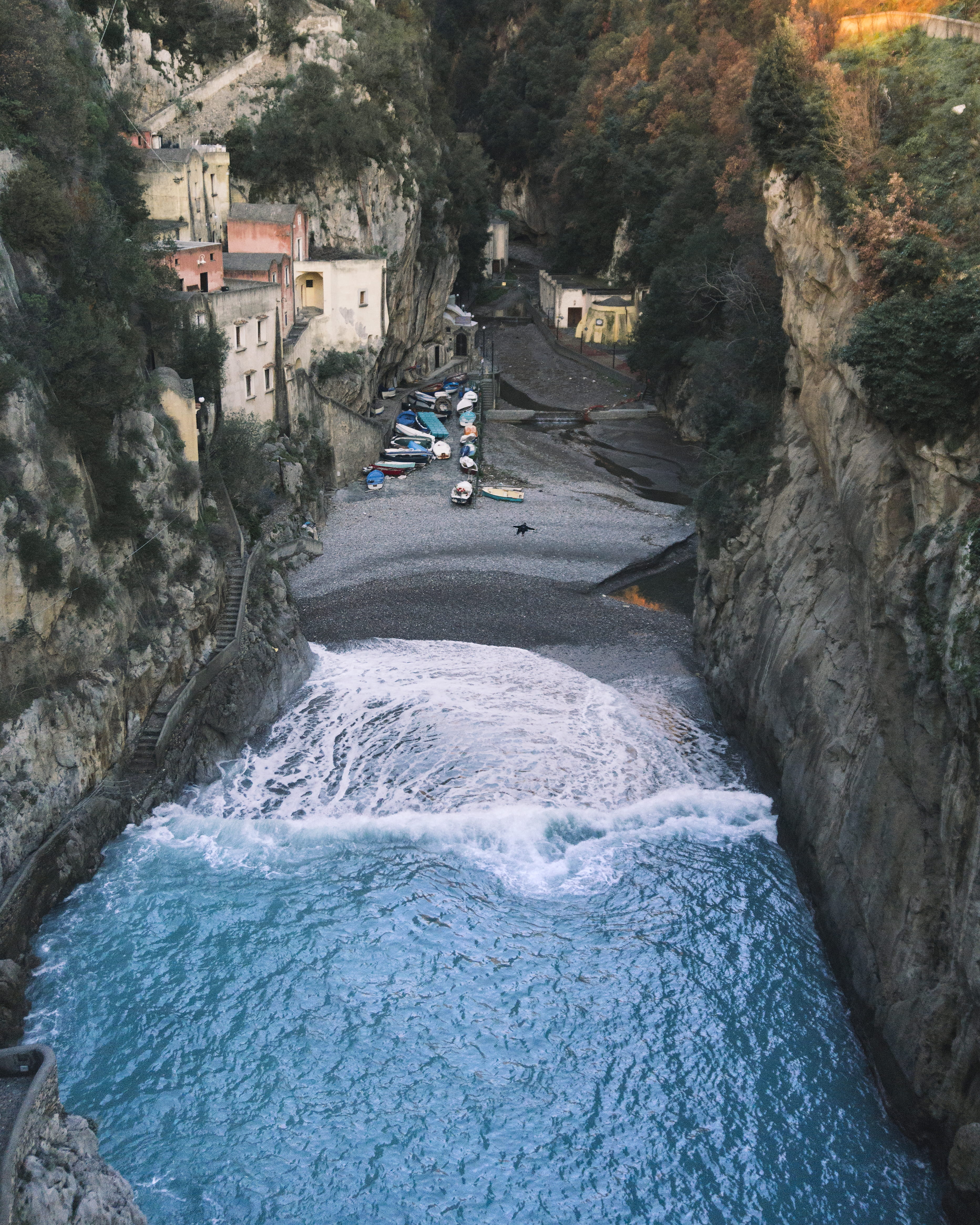 aerial view, cliff, fiordo di furore, sport, day, water, nature, transportation, scenery, waterfall, waterfront, sorrento, river, outdoors, italy, incidental people, Phone HD Wallpaper