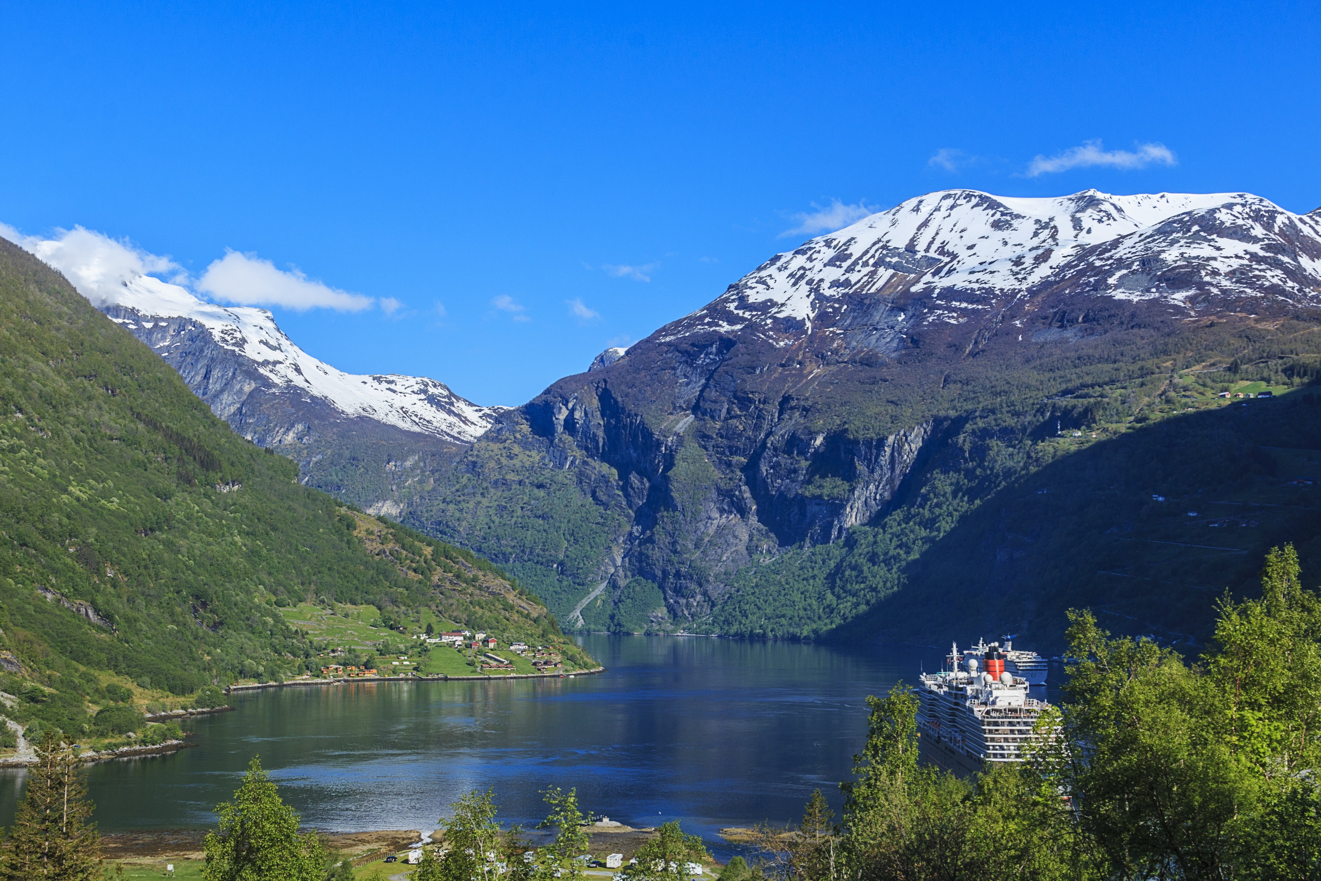 tourism, mountain range, europe, non-urban scene, tree, recreation, leisure activity, lake, travel destinations, idyllic, beauty in nature, geiranger, ship, HD Wallpaper