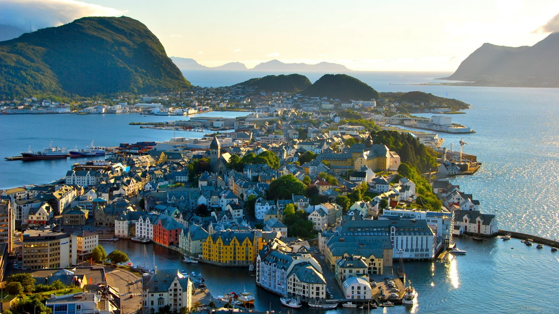 alesund, no people, sea, yacht, moored, mode of transportation, scenics - nature, europe, aerial view, travel, nautical vessel, norway, built structure, HD Wallpaper