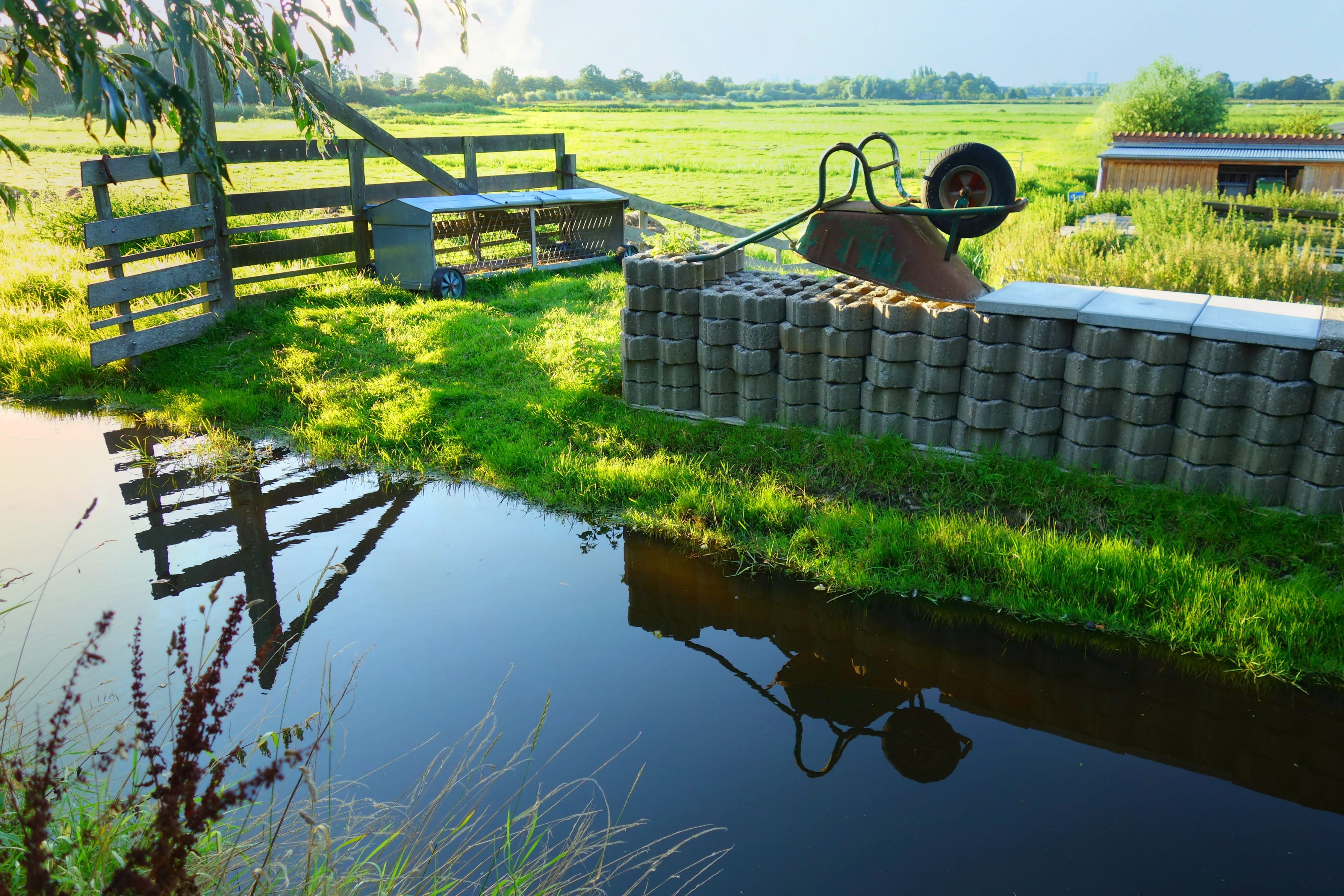 landscape, lake, netherlands, water, green color, waterfront, reflection, plant, fence, built structure, rural, watercourse, park, country, dutch landscape, HD Wallpaper