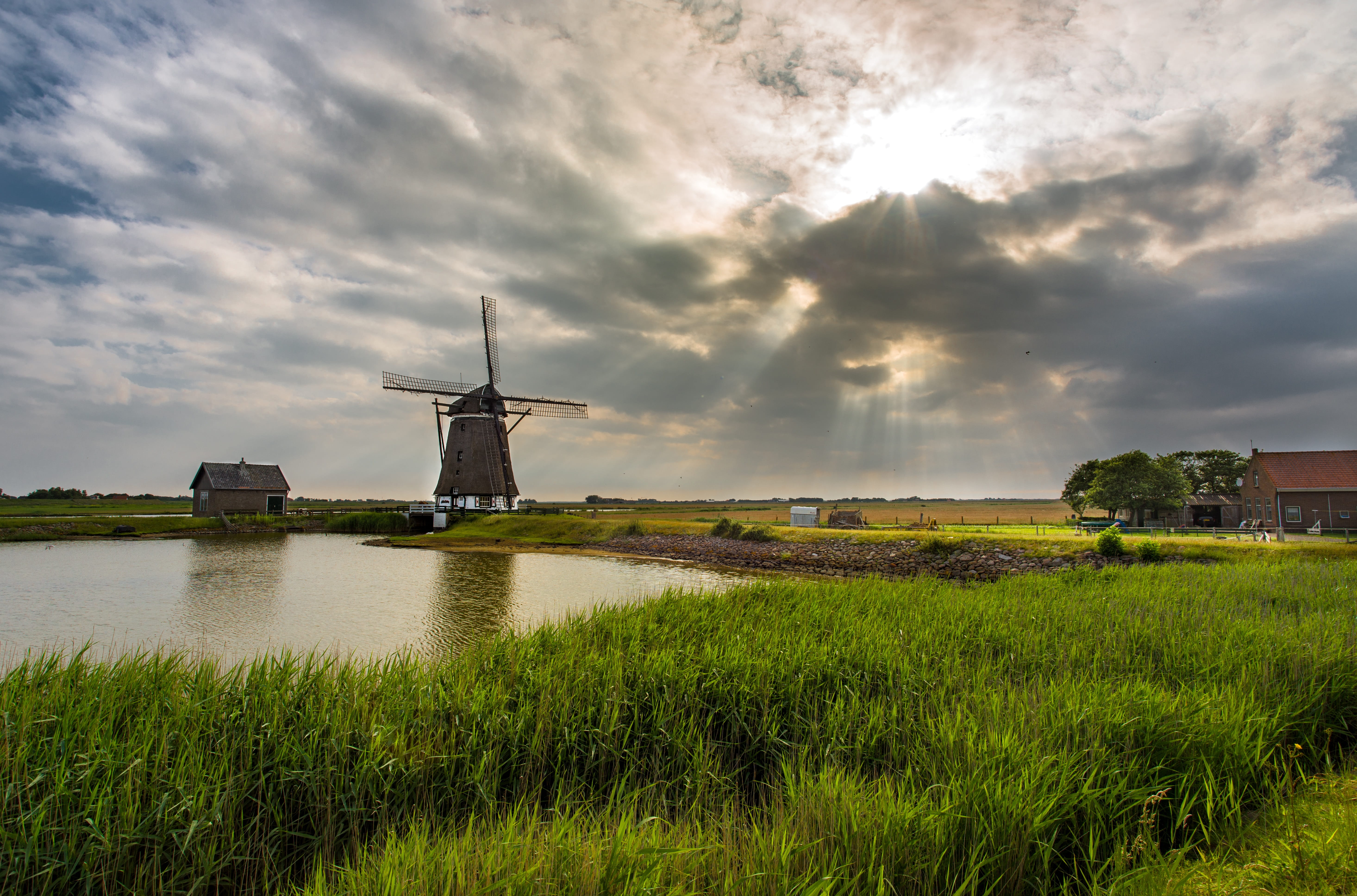 Holland, environment, channel, netherlands, field, no people, cloud - sky, built structure, body, building exterior, mill, alternative energy, Historically, HD Wallpaper