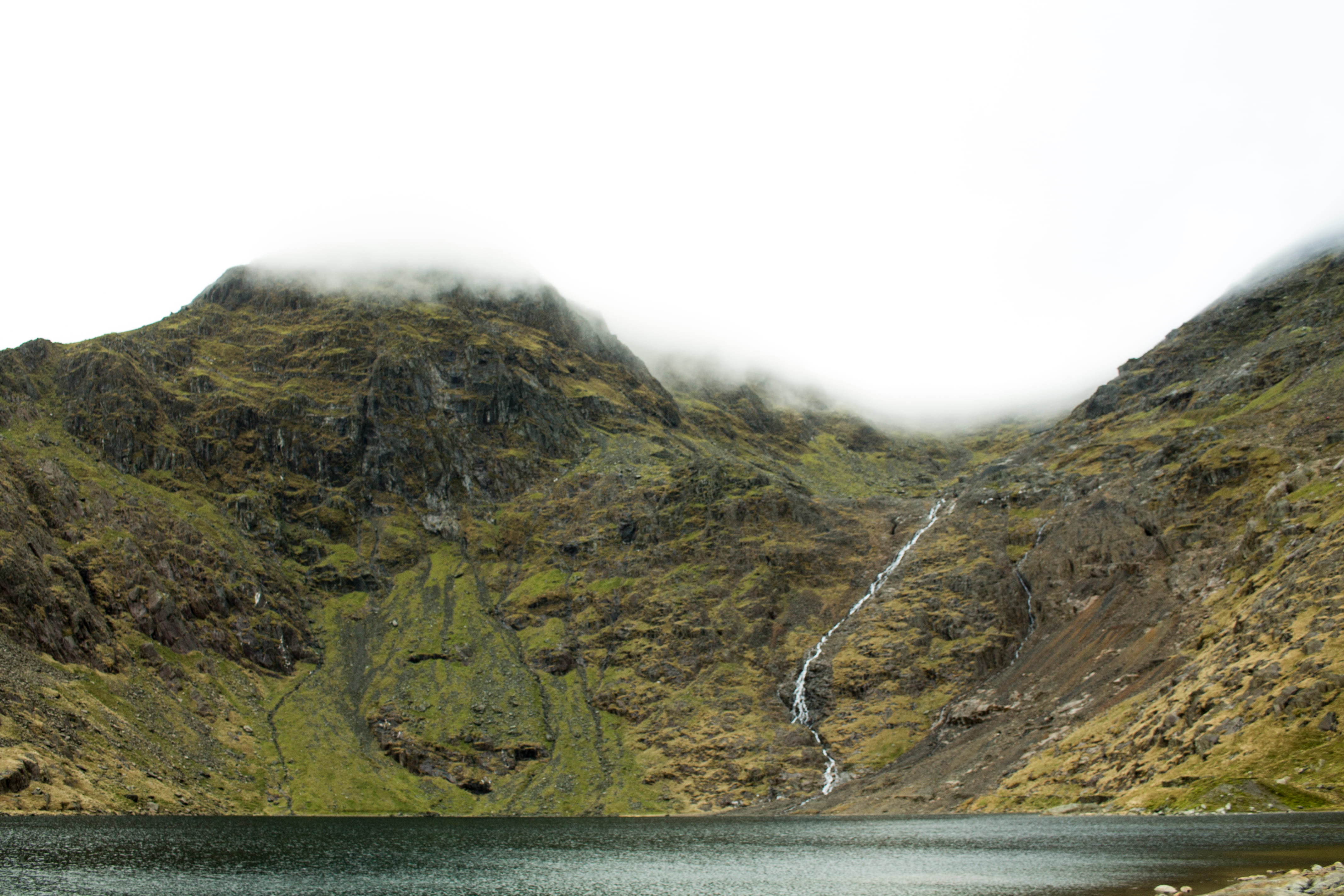 4K, scenics - nature, fog, snowdon, mountain, no people, waterfall, lake, green, environment, wale, dramatic, day, cloud, mountain peak, outdoors, tranquility, HD Wallpaper