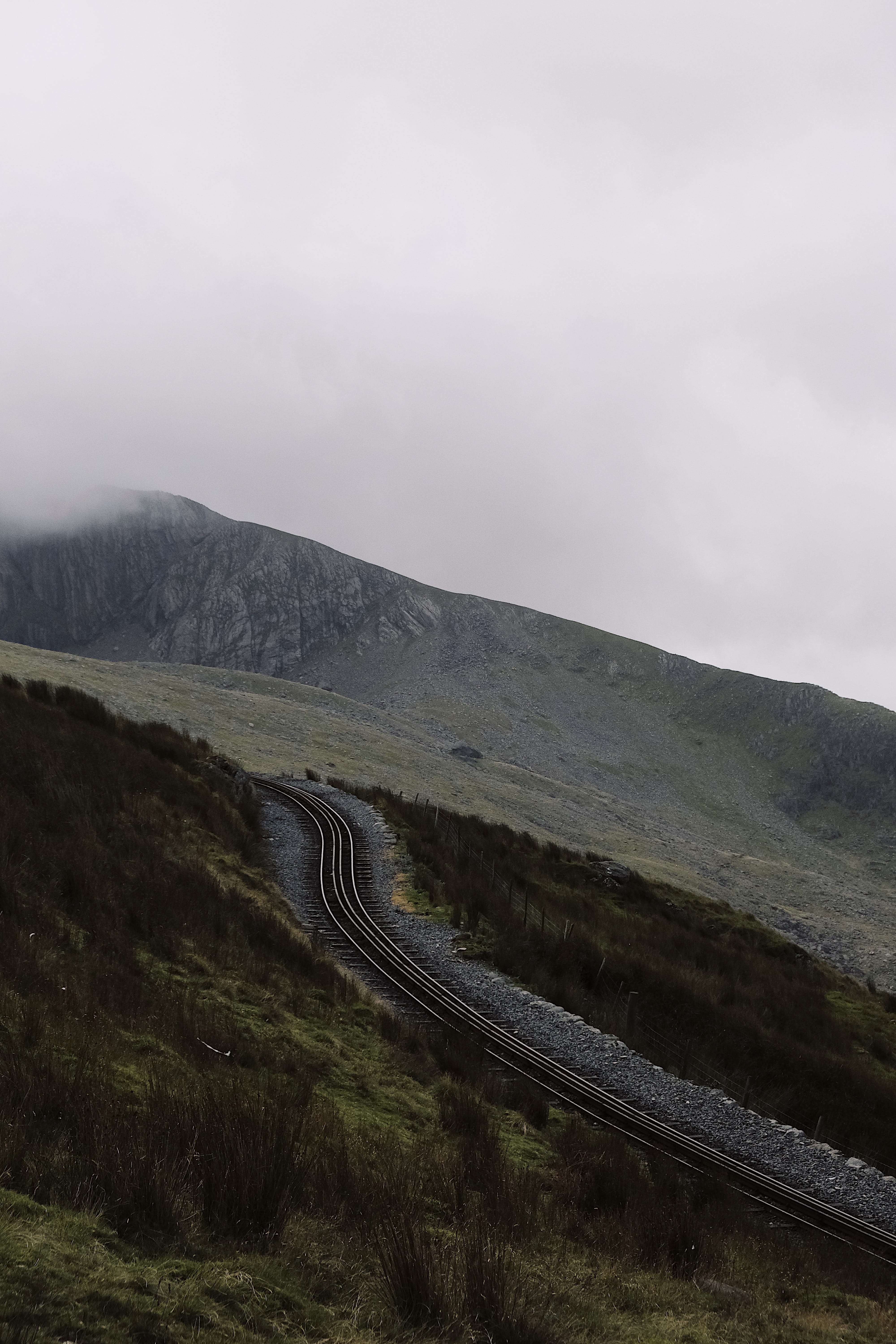 mountain, rail, travel, landscape, beauty in nature, tranquility, united kingdom, snowdon, non-urban scene, photo, curve, near, train, Phone HD Wallpaper