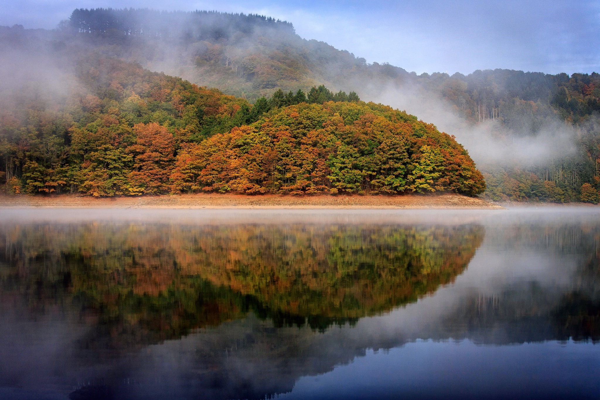 change, fog, beauty in nature, forest, no people, lake, tranquil scene, environment, nature, outdoors, pine tree, landscape, autumn collection, reflection, HD Wallpaper