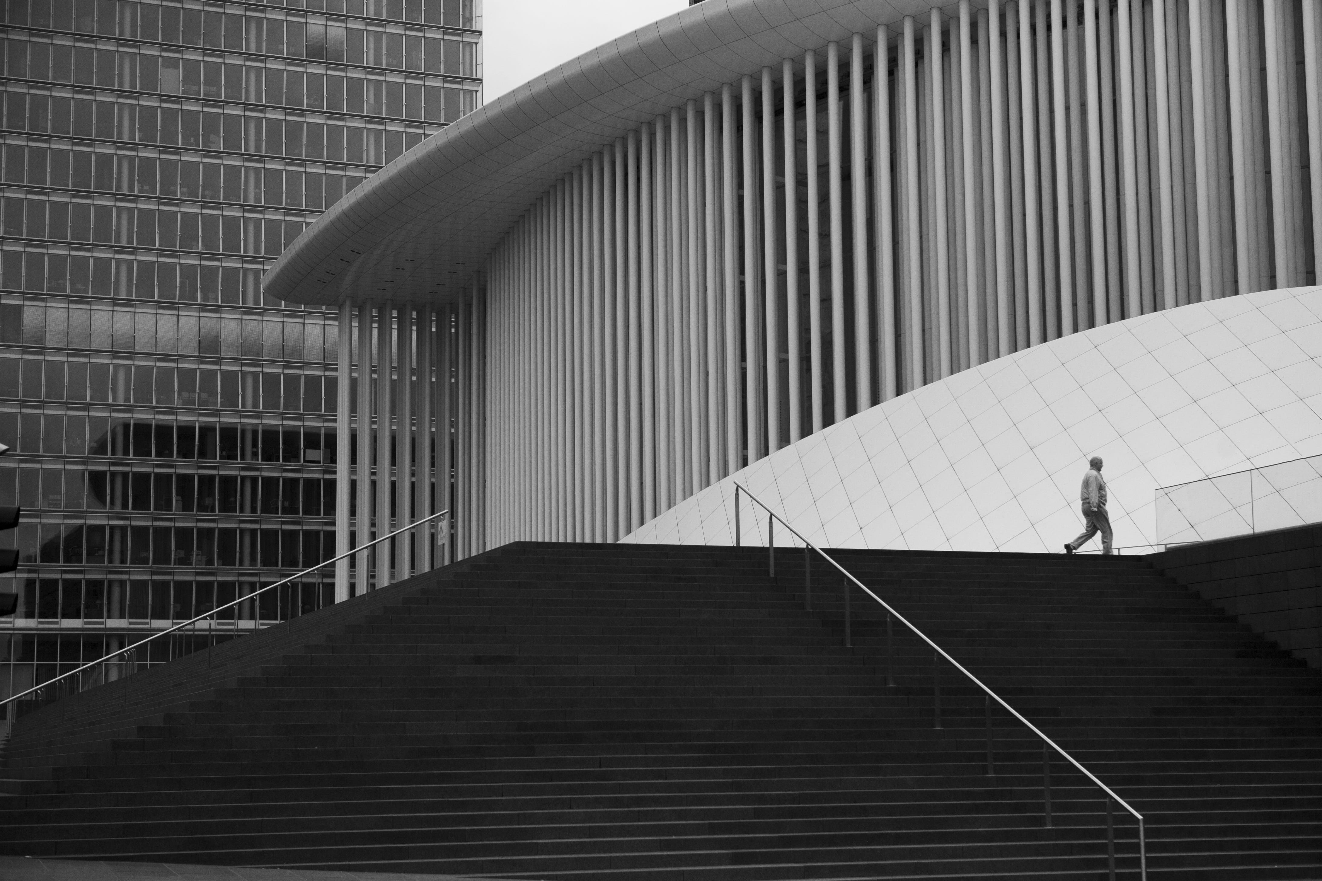 steps and staircases, the way forward, modern, day, men, nature, building exterior, one person, walking, architecture, city, staircase, 4K, luxemburg, HD Wallpaper