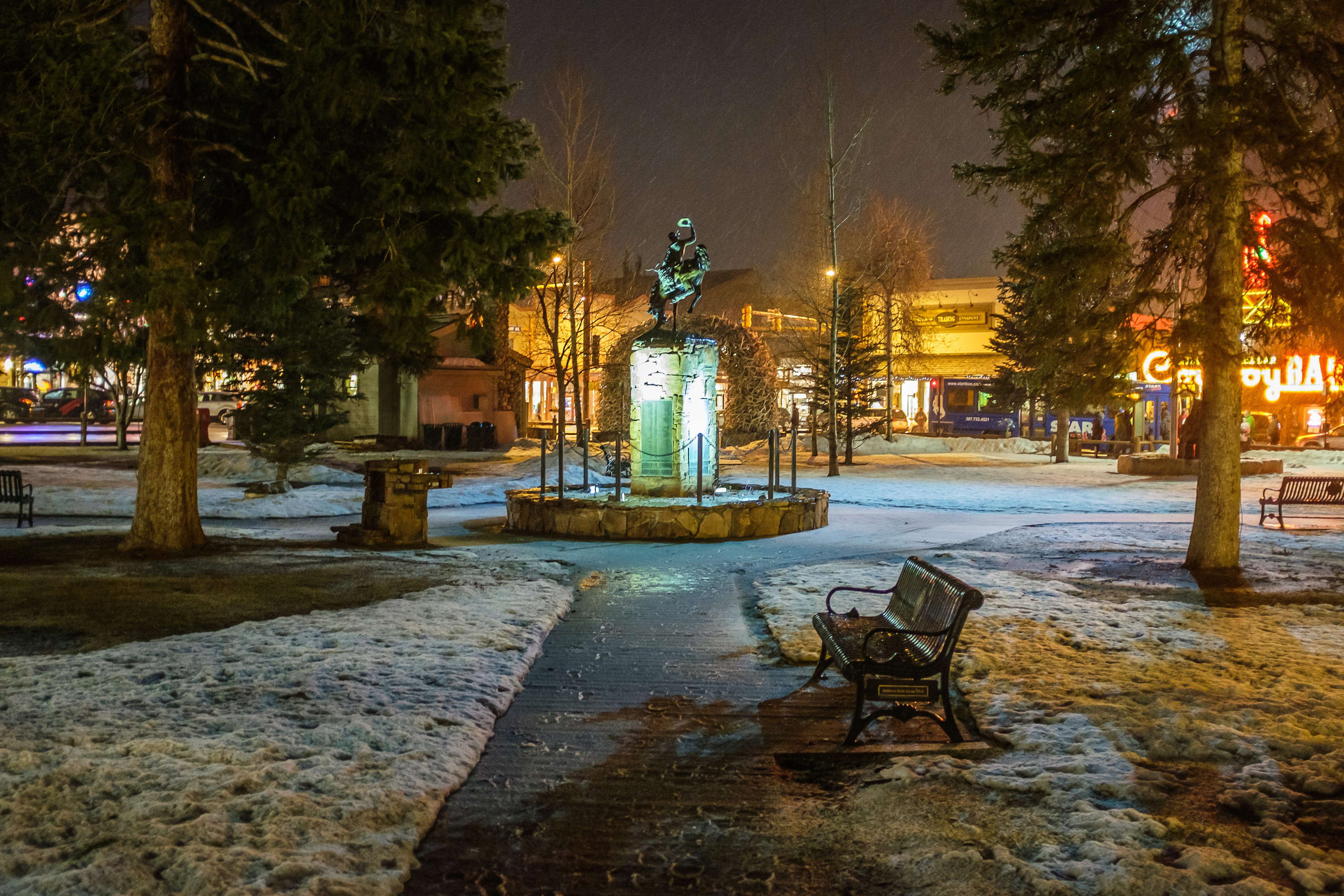 architecture, winter, plant, nature, snow, illuminated, jackson wyoming, lighting equipment, night, street, statue, decoration, united states, jackson, HD Wallpaper
