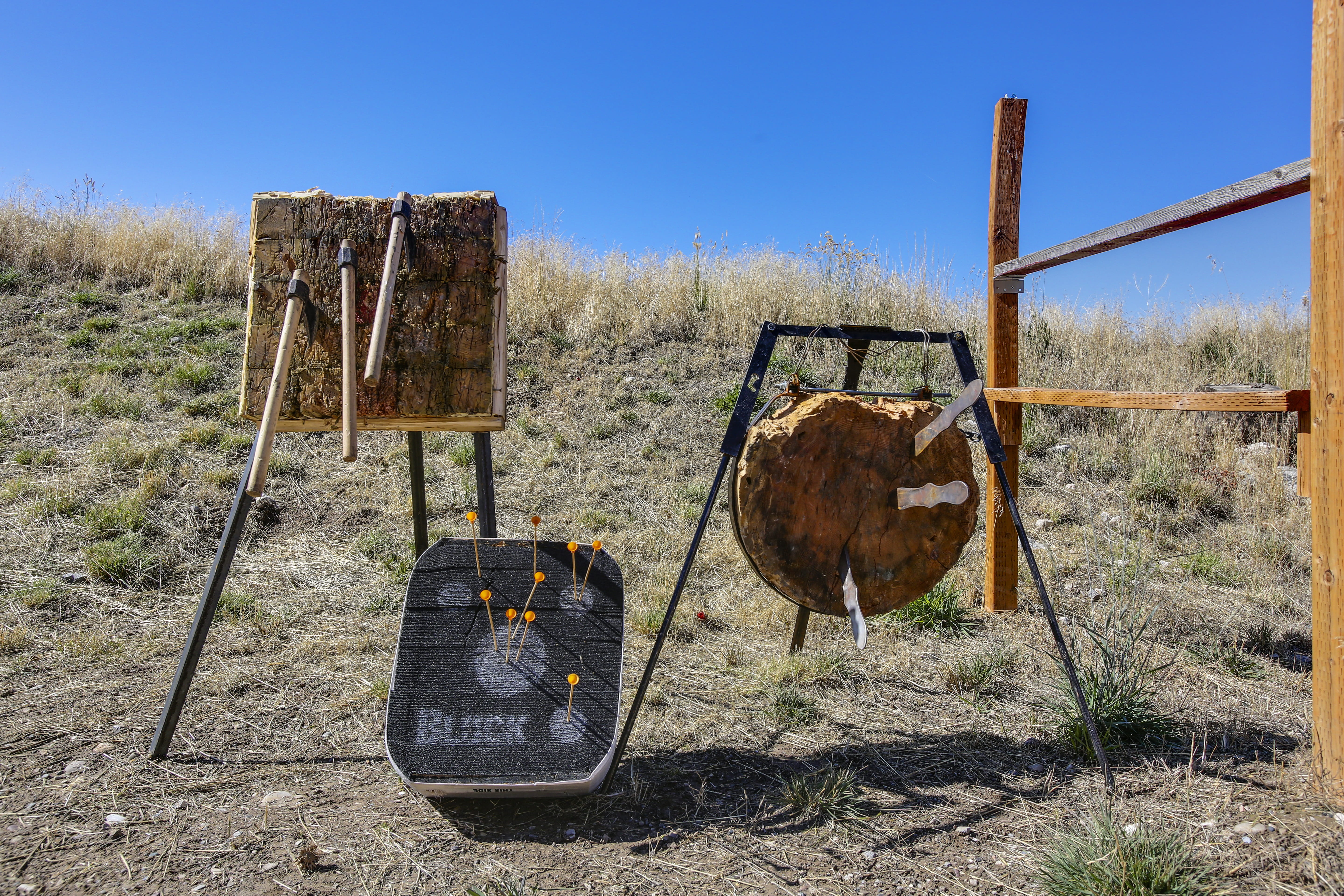 rusty, rural scene, clear sky, throwing tomahawk, field, metal, deterioration, sky, shooting experience, blue, no people, primitive weapons, old, 5K, nature, HD Wallpaper