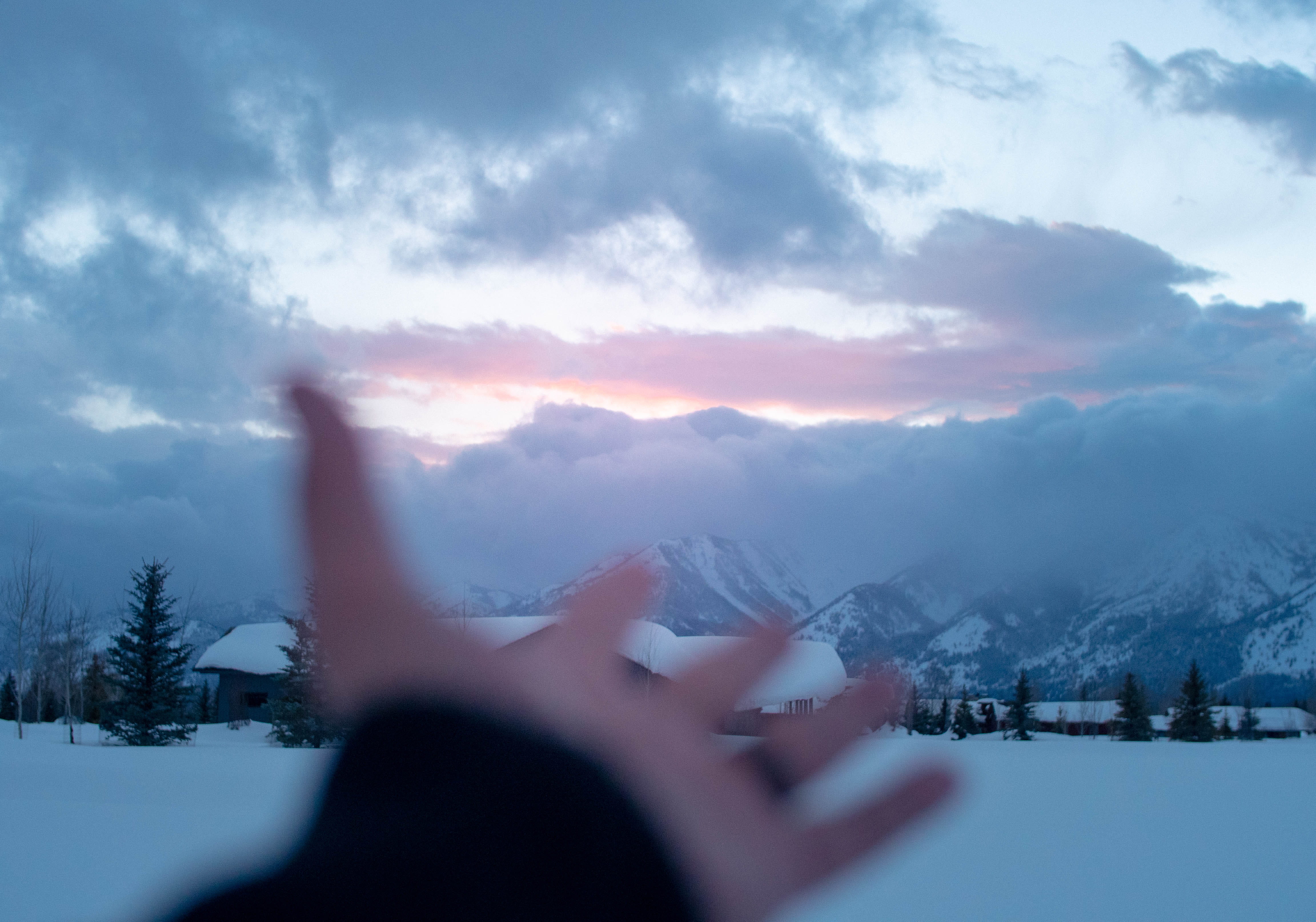body part, mountains, covered, flare, house, focus on background, environment, nature, mountain, human body part, cloud - sky, plant, human, one person, HD Wallpaper