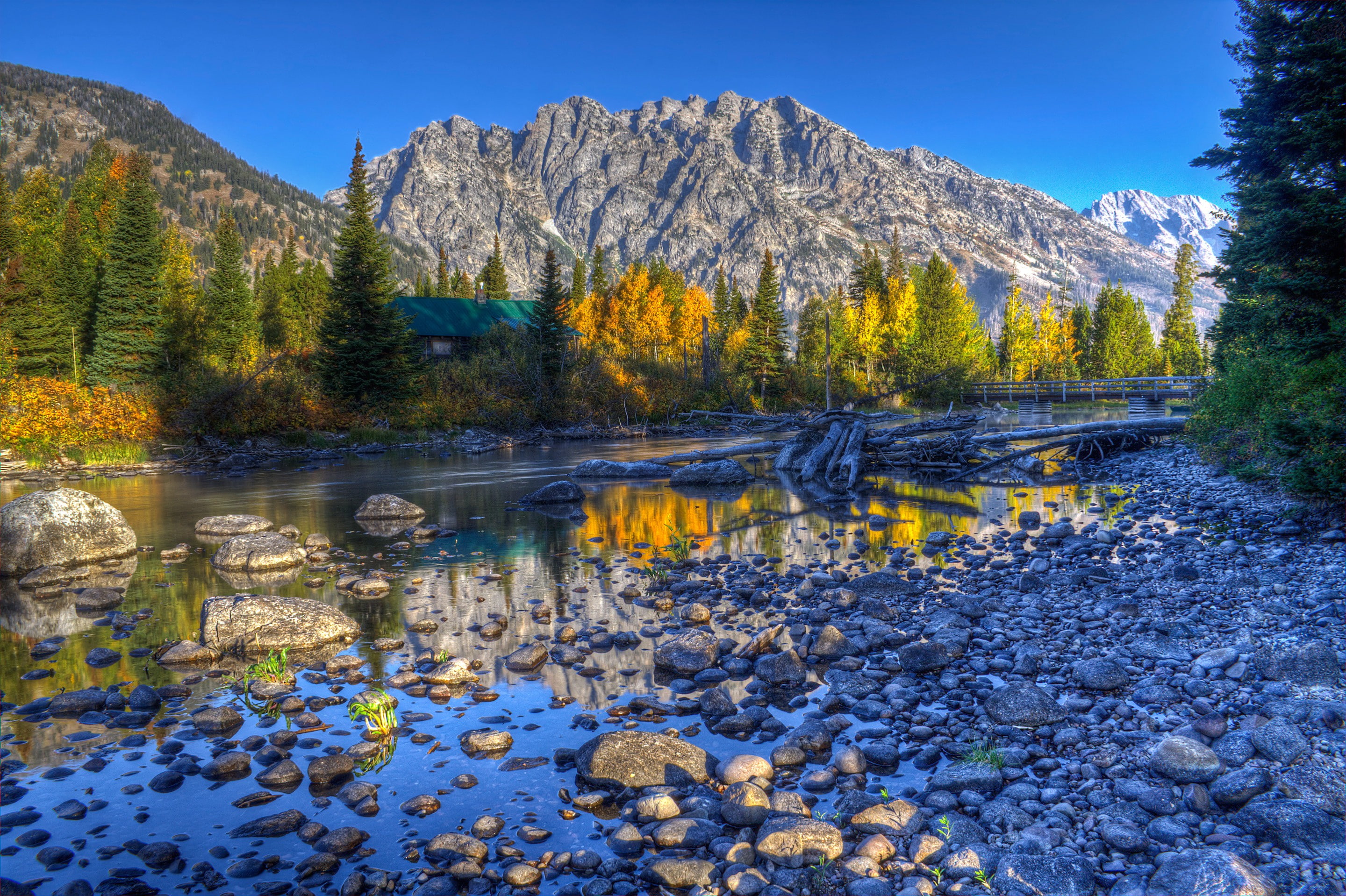 river, green, Wyoming, Autumn, HDR, Mountain, house, 2K, Lake, brown, fir, trees, USA, reflection, forest, Grand Teton National Park, sky, HD Wallpaper