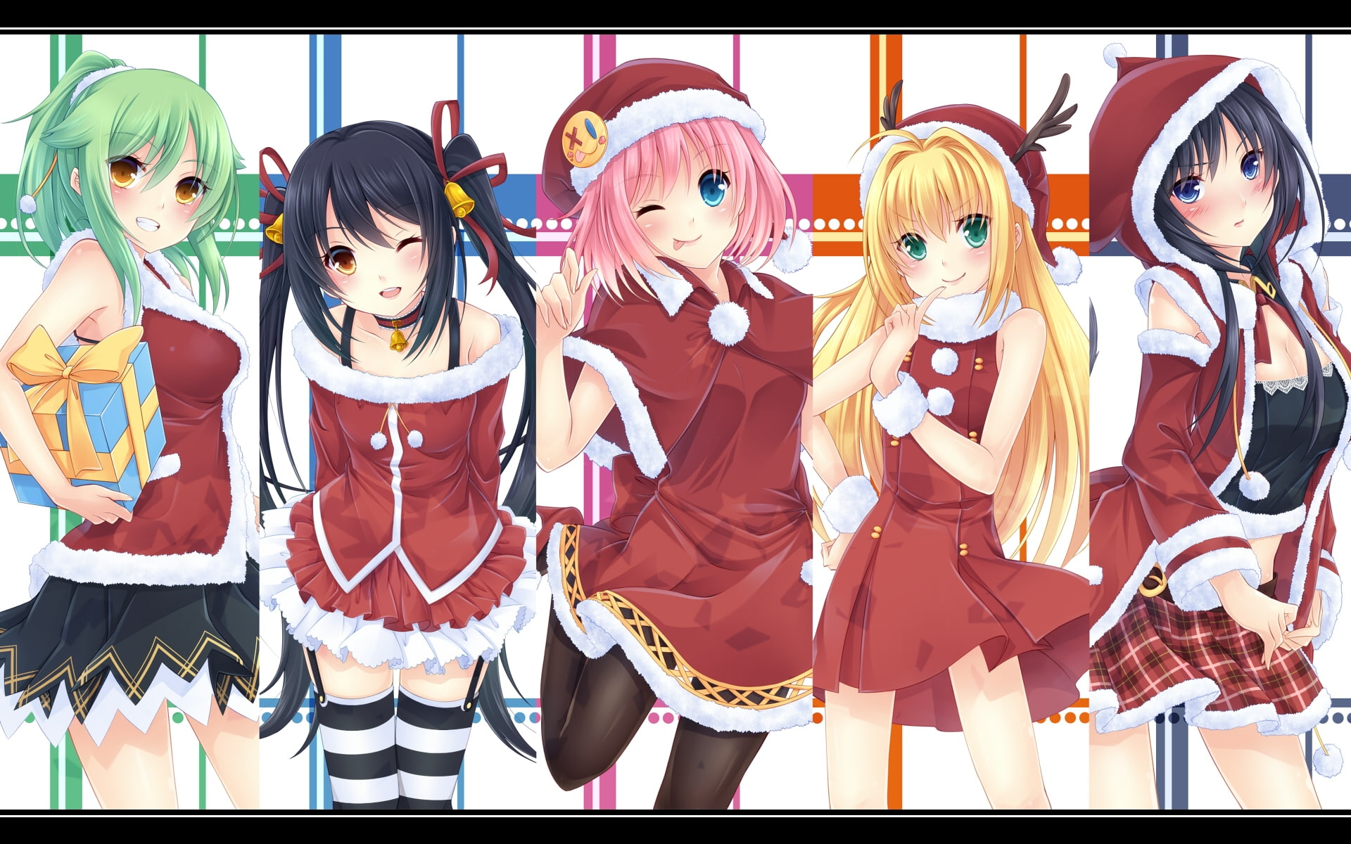 ey, blue, eyes, hair, yellow, green, art, dress, skirts, present, pink, 1080P, blondes, brunettes, stockings, people, hd, HD Wallpaper
