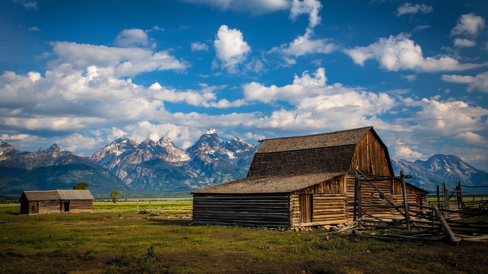 environment, clouds, land, wood, rural scene, beauty in nature, architecture, Wyoming, Grand Teton National Park, no people, scenics - nature, fence, building exterior, HD Wallpaper