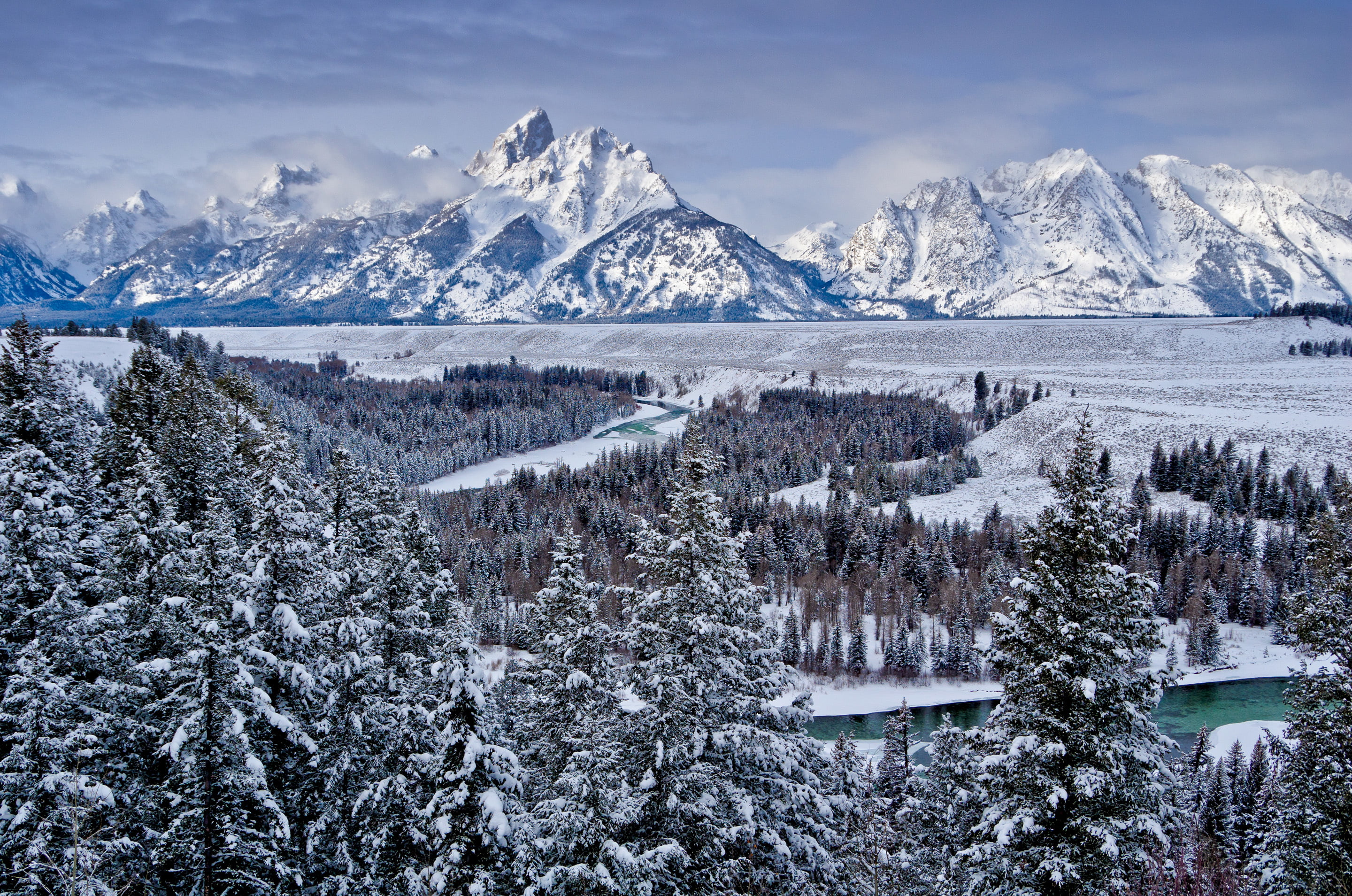 blue, scenics, plant, woodland, tree, grand teton national park, nature, cold temperature, european Alps, white, sky, ice, mountains, mountain Range, water, HD Wallpaper