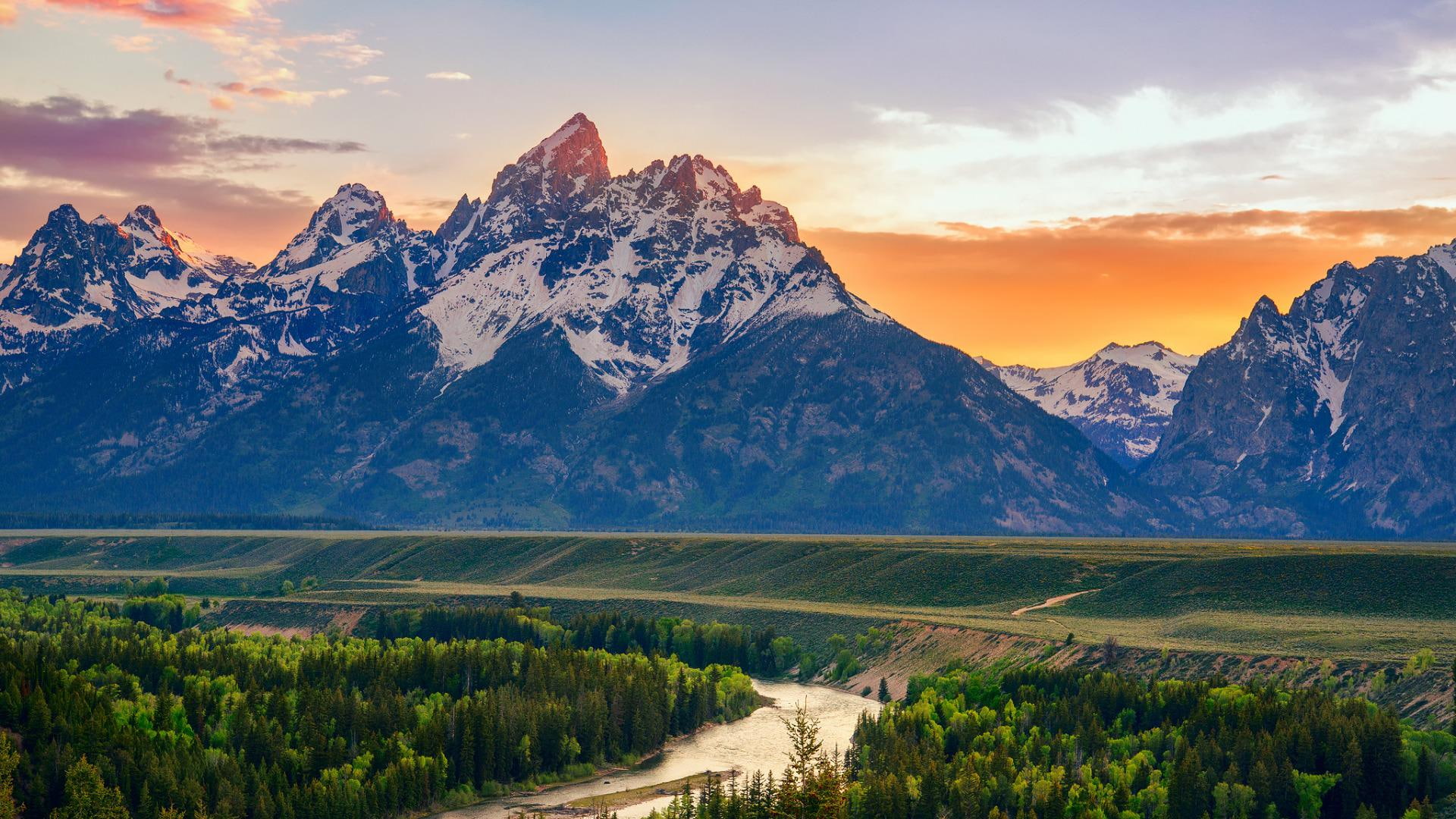 mountain, summer, nature, grand, 1080P, landscape, river, teton, forest, scenery, HD Wallpaper