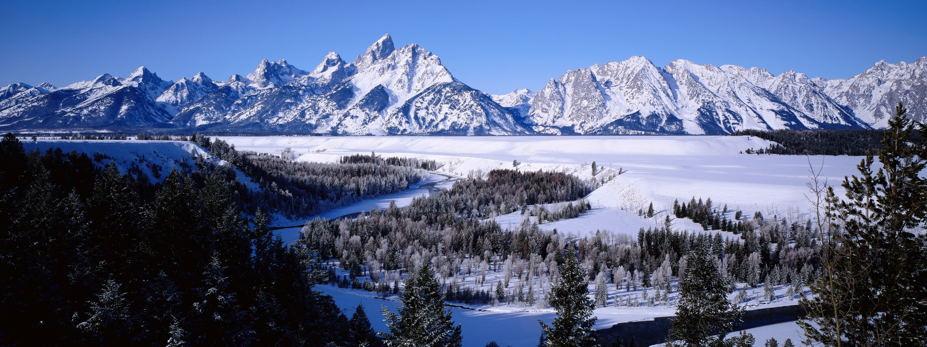 forest, Landscapes, art, snow, hd, winter, wyoming, dual, monitor, x, mountains, 2K, nature, tetons, HD Wallpaper