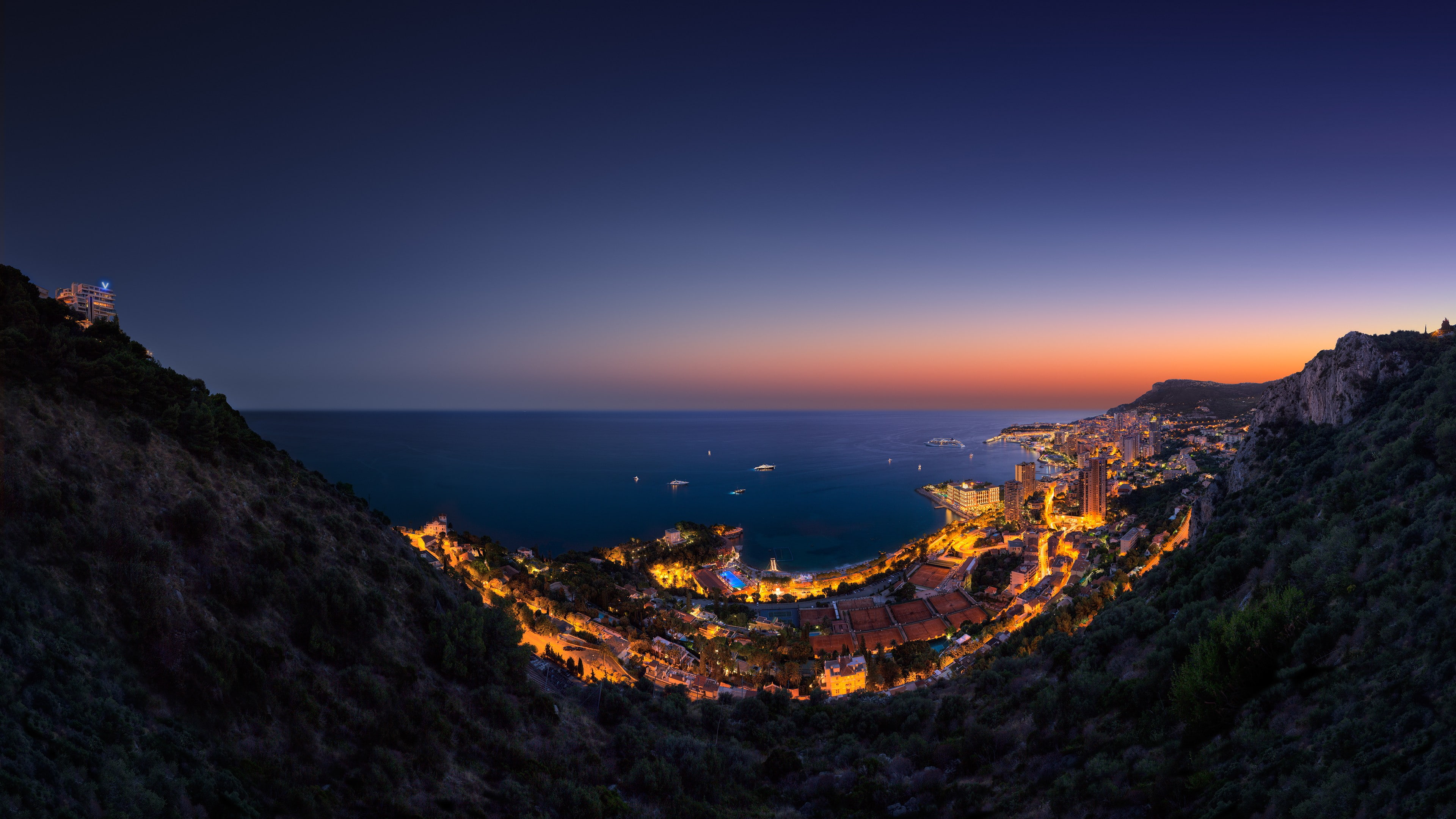 4K, sky, sea, ocean, Vista Palace Hotel, twilight, boats, Monaco, Principality, travel, night, light, vacation, booking, HD Wallpaper