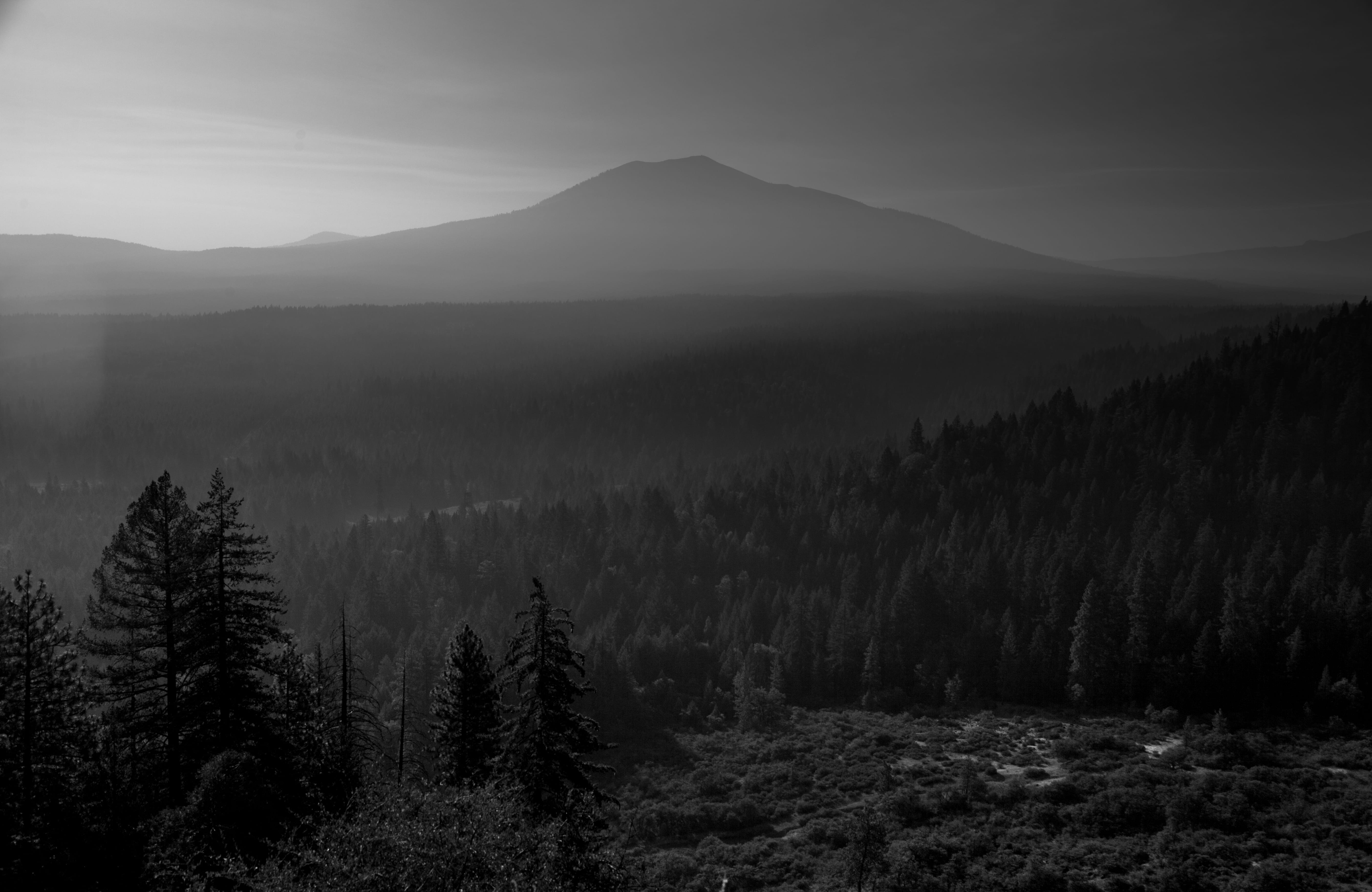 tree, nature, land, sky, non-urban scene, blackandwhite, mountain range, mountain, 5K, tranquility, idyllic, lassen, mountain peak, vista, lassen volcanic national park, HD Wallpaper