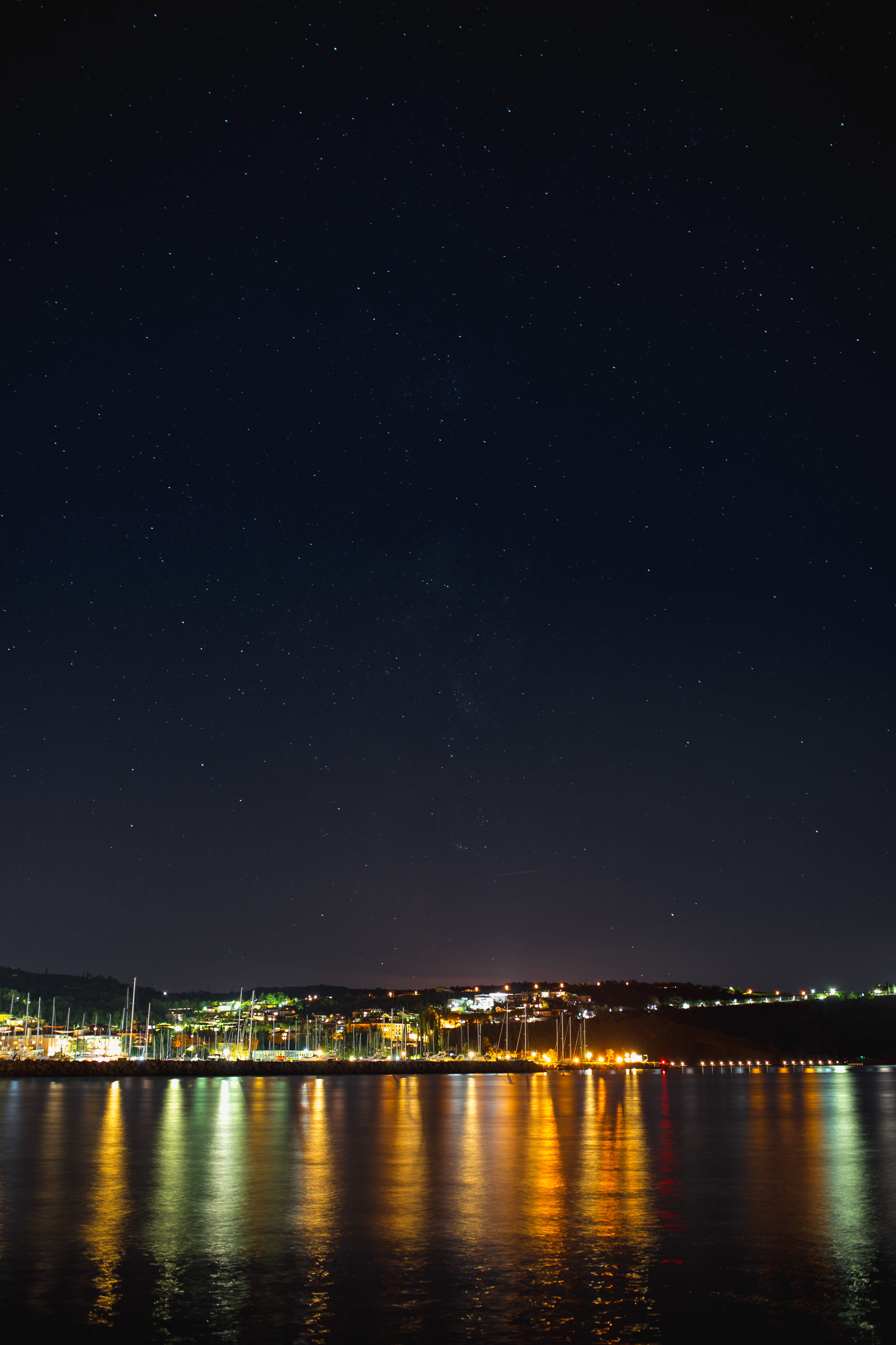 sky, nature, tranquility, no people, seaside, city, starry sky, marina, cityscape, scenics - nature, reflection, water, 5K, slovenia, night lights, astronomy, Phone HD Wallpaper