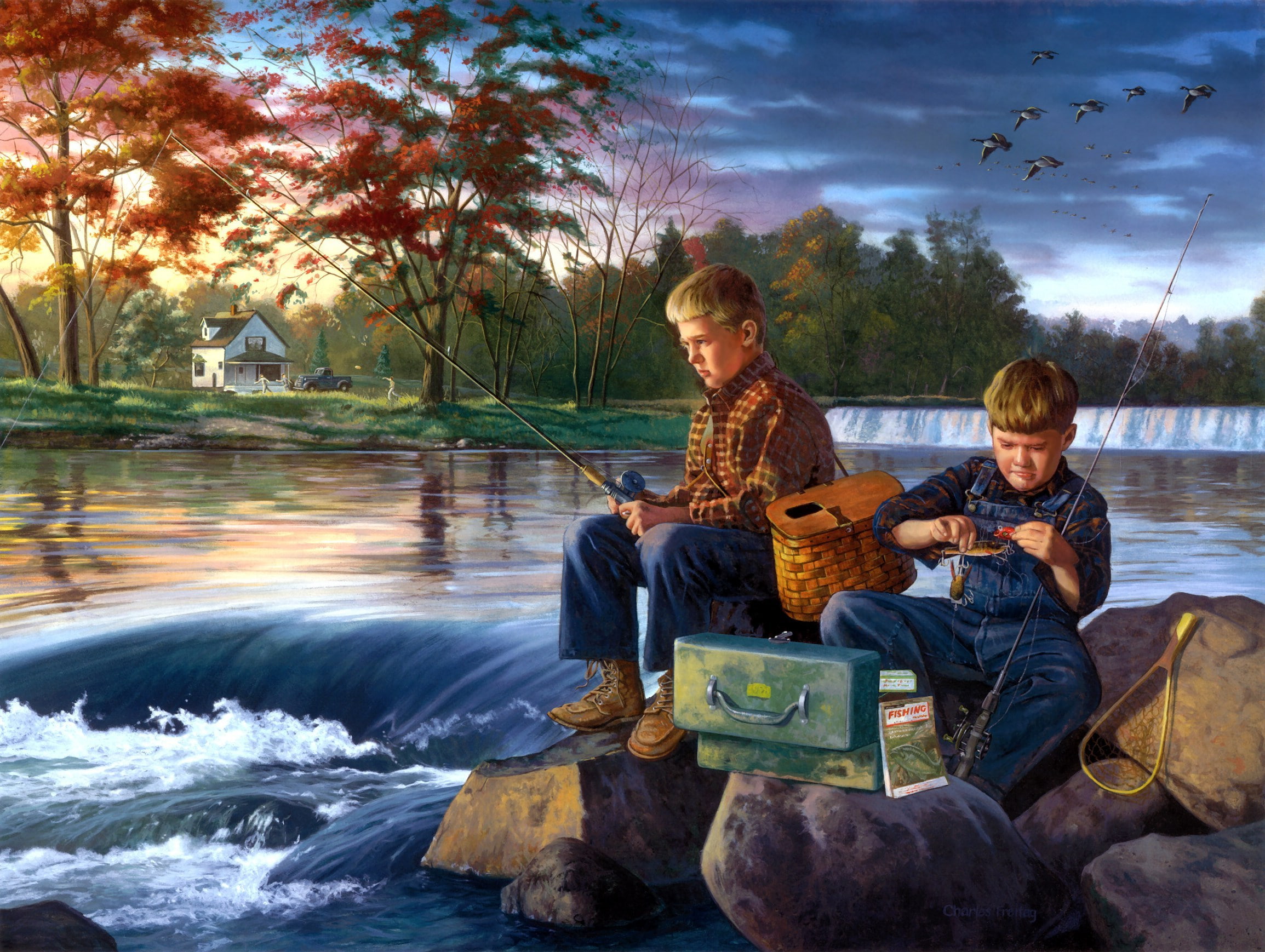 tree, stones, sitting, adult, child, casual clothing, two people, friends, musical instrument, tourist, cheerful, friendship, Charles Friday, people, pond, HD Wallpaper