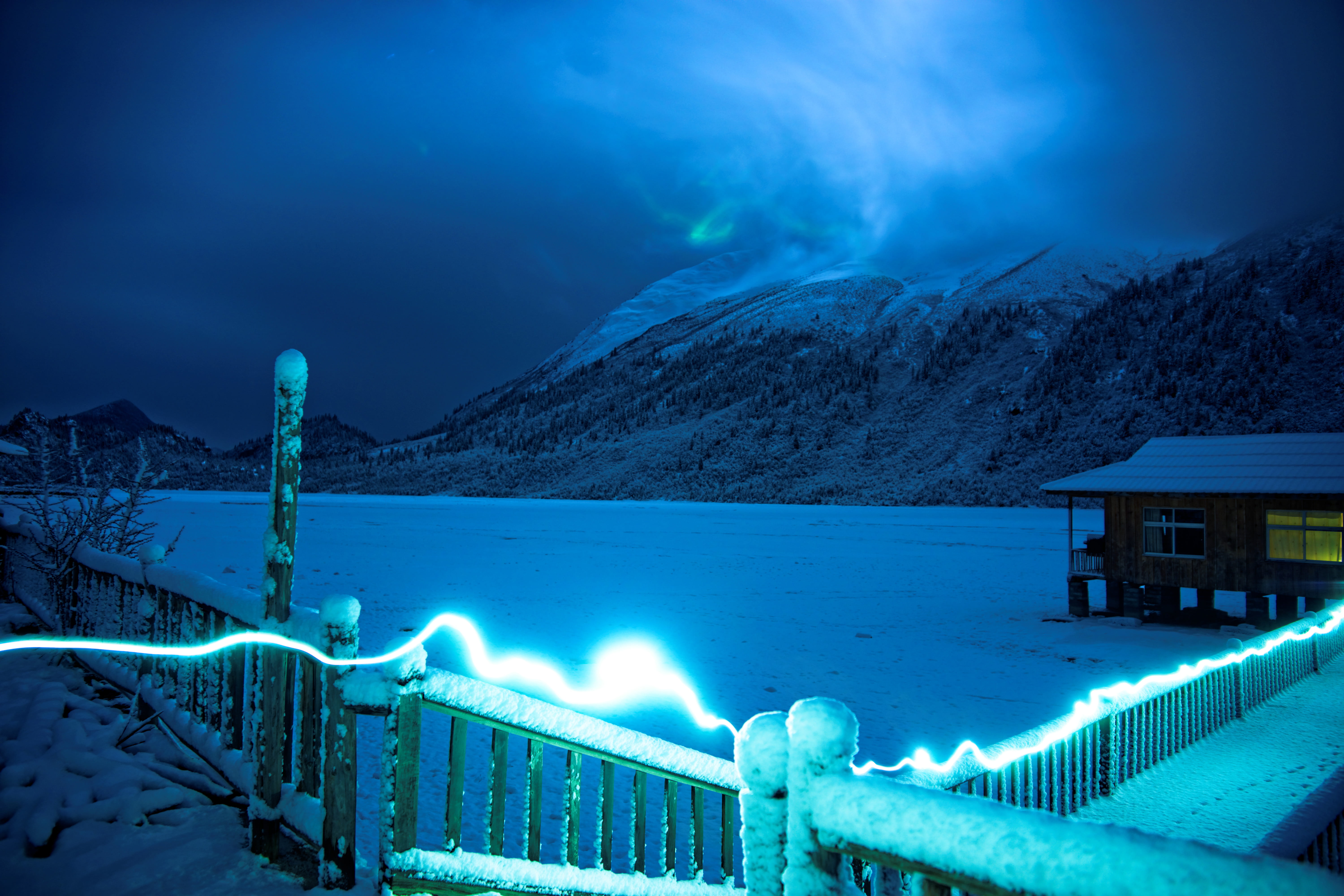 blue, lighting, string, house, near, time lapse, photo, Tibet, time, 5K, lapse, bridge, light, outdoors, 光, snow, mountain, nature, winter, night, snow, HD Wallpaper