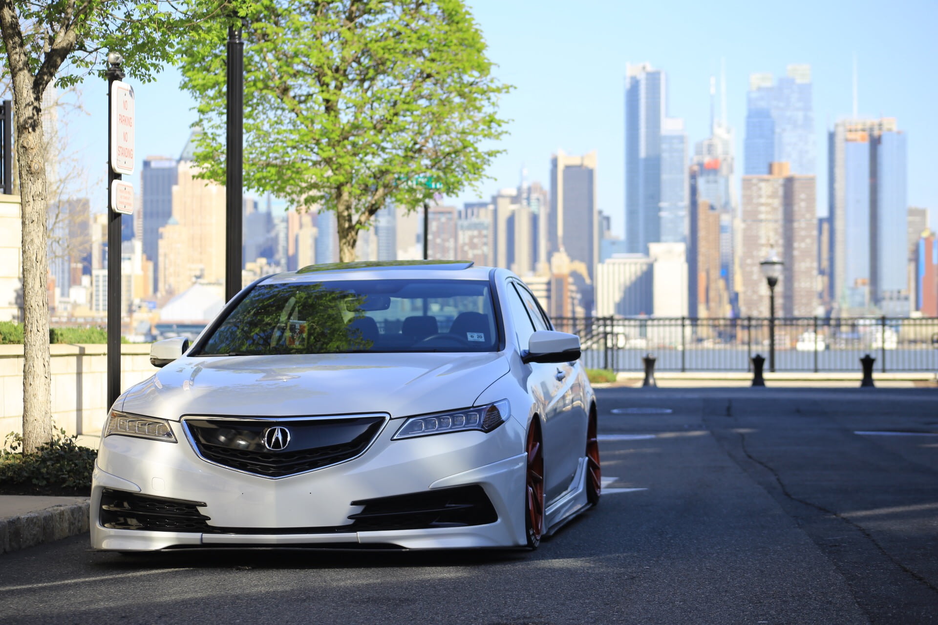 modification, speed, tree, luxury, 1080P, custom, land Vehicle, architecture, acura, modern, day, skyscraper, building, no people, new, outdoors, mode of transportation, HD Wallpaper
