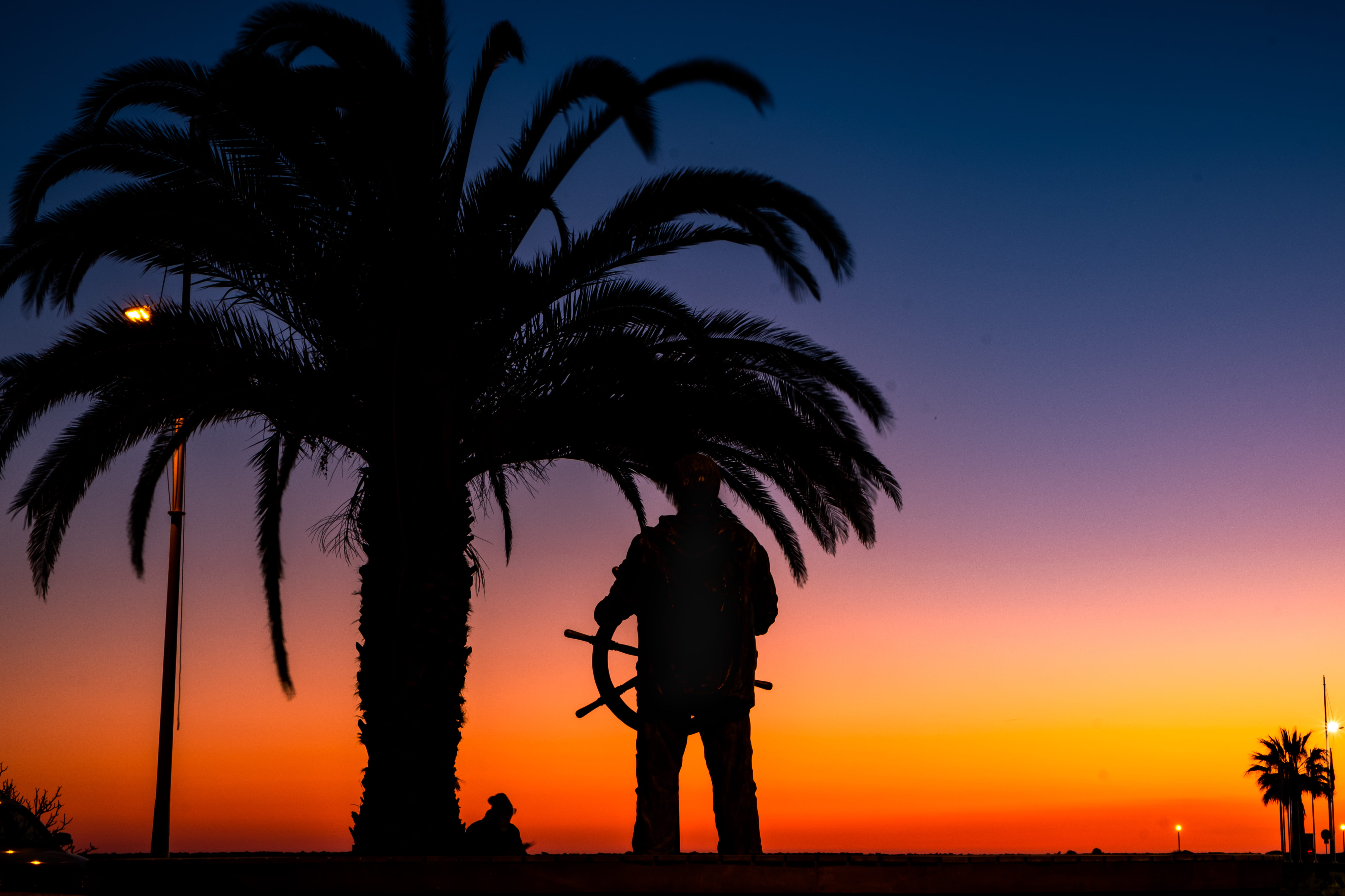 dusk, orange color, leisure activity, 5K, land, tropical, dawn, red sky, arecaceae, algarve, sky, beauty in nature, palm tree, standing, lifestyles, tree, HD Wallpaper