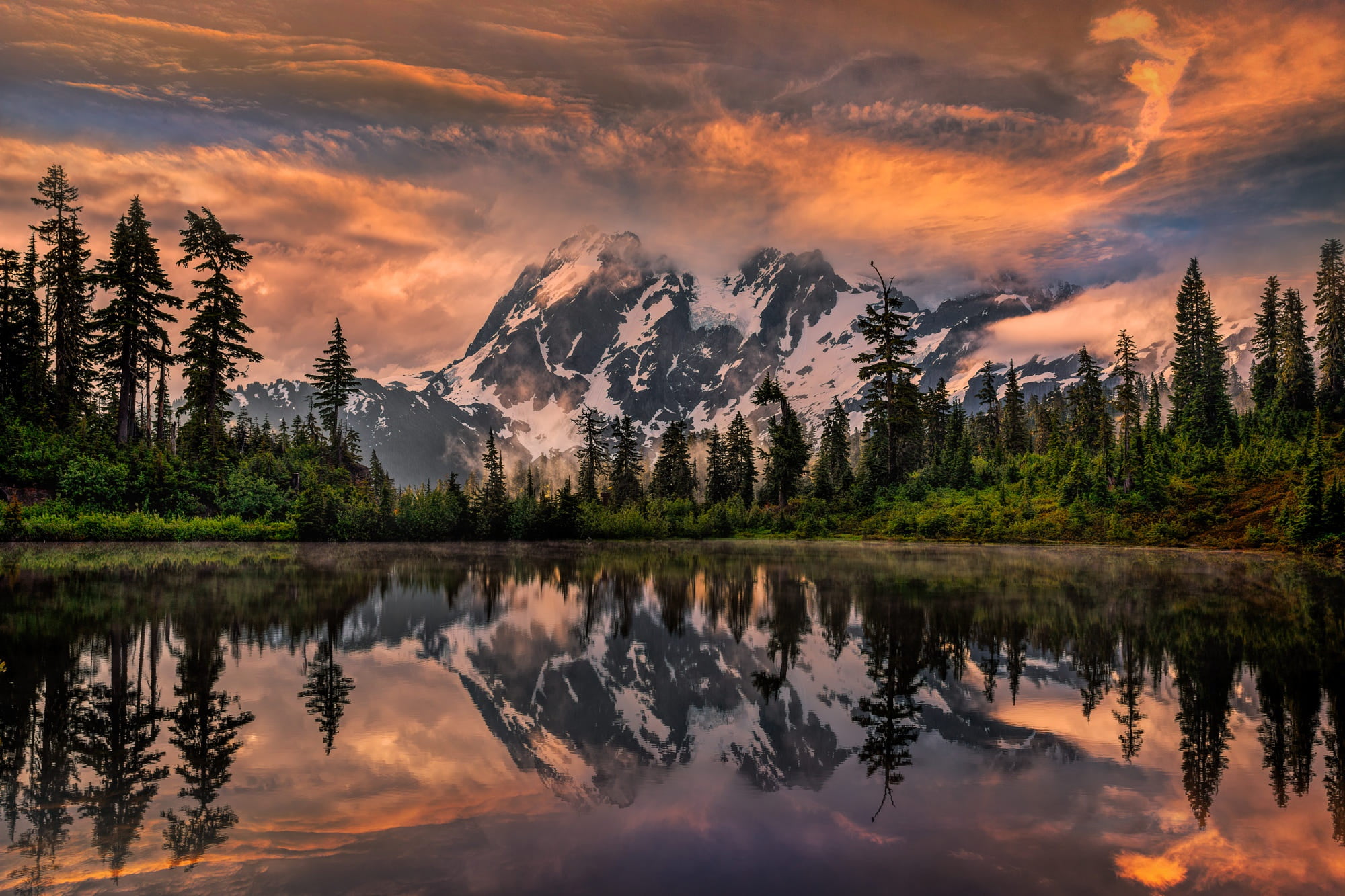 lake, trees, mountains, Shuksan, 1080P, Perry Hoag, reflection, sunset, USA, landscape, nature, ate, HD Wallpaper