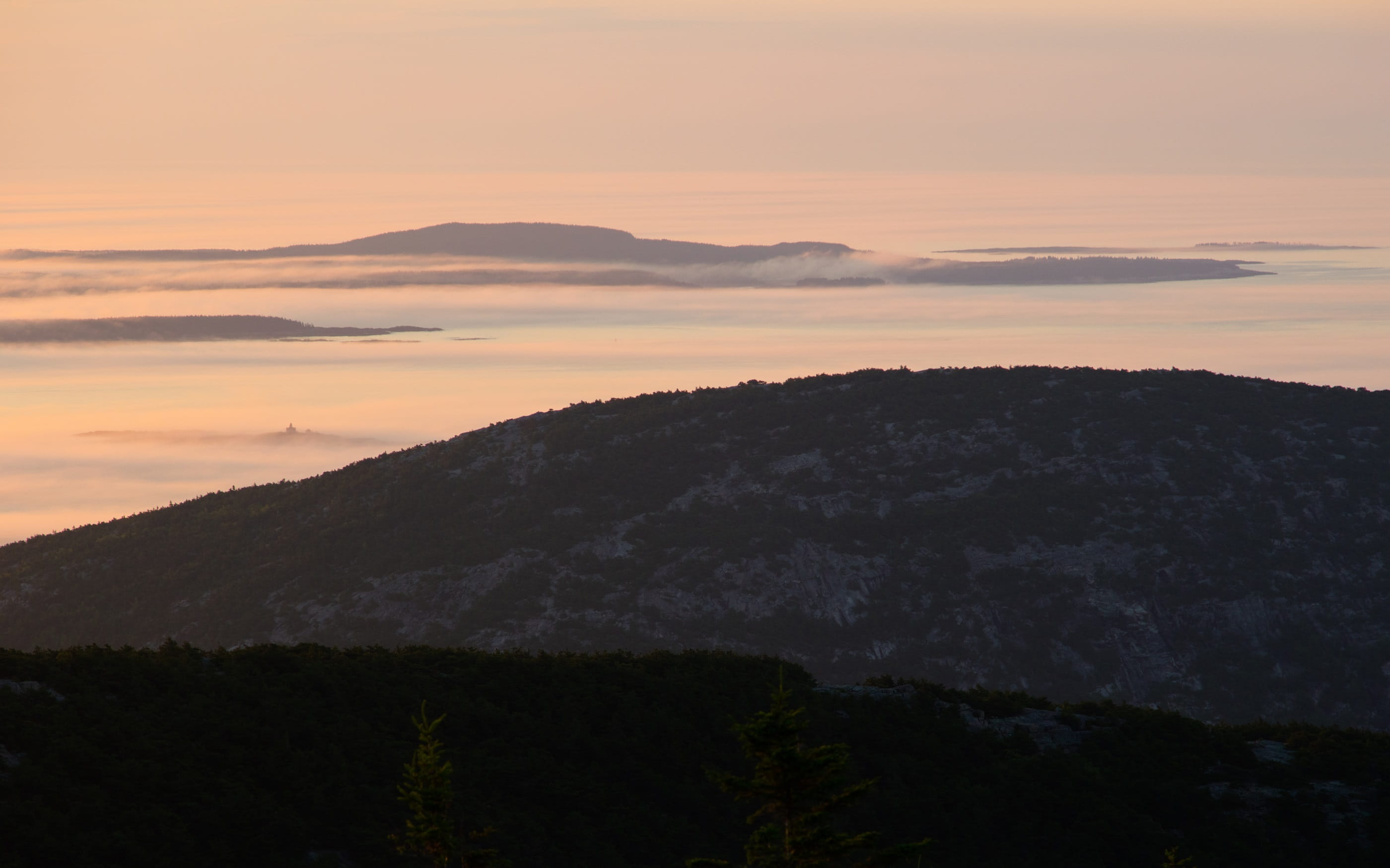 ocean, rugged, mountain range, sea, Landscape, environment, plant, bay, hazy, trees, bar harbor, coniferous tree, Scenic, tree, cloud - sky, mountains, HD Wallpaper