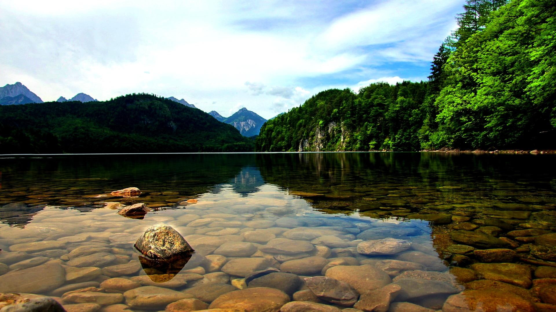 stones, water, green, lake, clear, 1080P, mountain, nature and landscapes, forest, picture, blue, HD Wallpaper