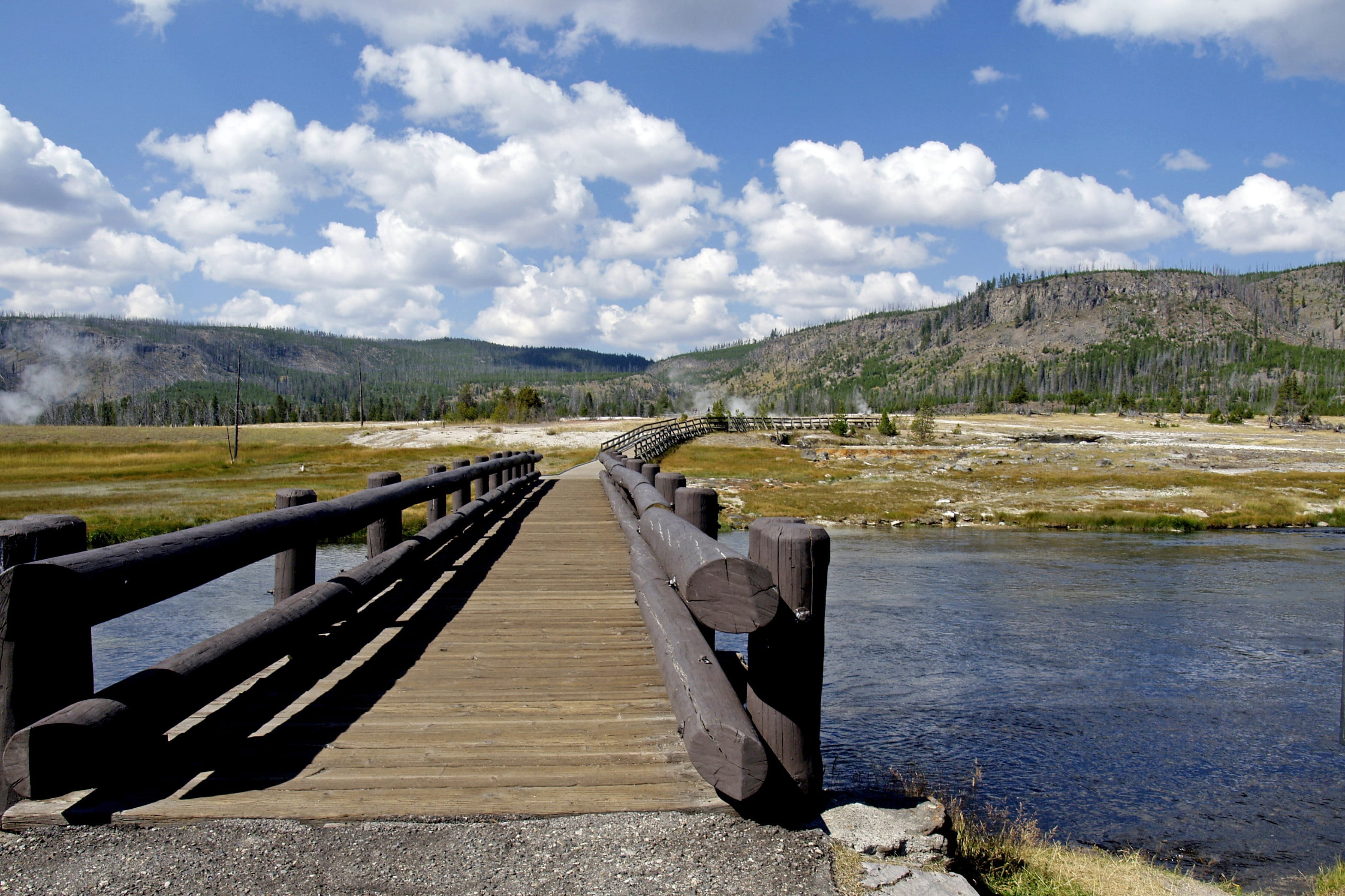 mountain range, direction, outdoors, architecture, 2K, usa, Wooden Bridge, sky, environment, landscape, scenics - nature, Yellowstone River, scenics, bridge, HD Wallpaper