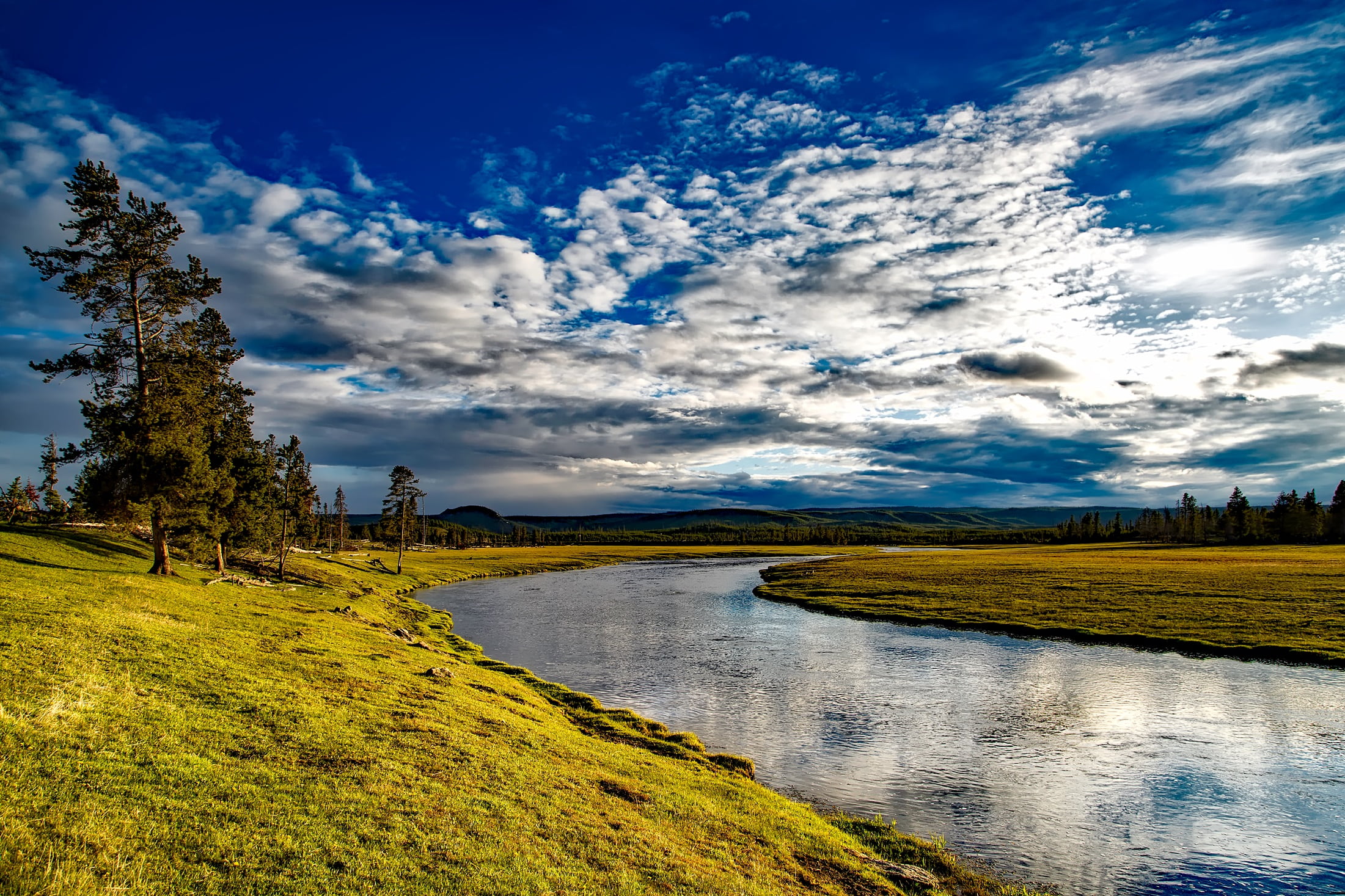 sunset, land, beauty in nature, country, wilderness, cloud - sky, plant, hdr, scenics - nature, wyoming, reflections, field, water, yellowstone, scenic, HD Wallpaper