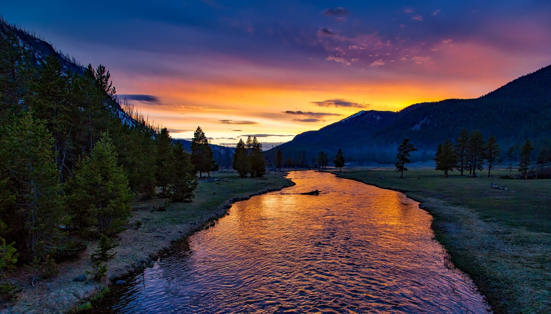 1080P, Twilight, River, Wilderness, Nature, Yellowstone National Park, USA, National Park, Sunset, HDR, Scenic, Tree, Mountain, Dusk, HD Wallpaper