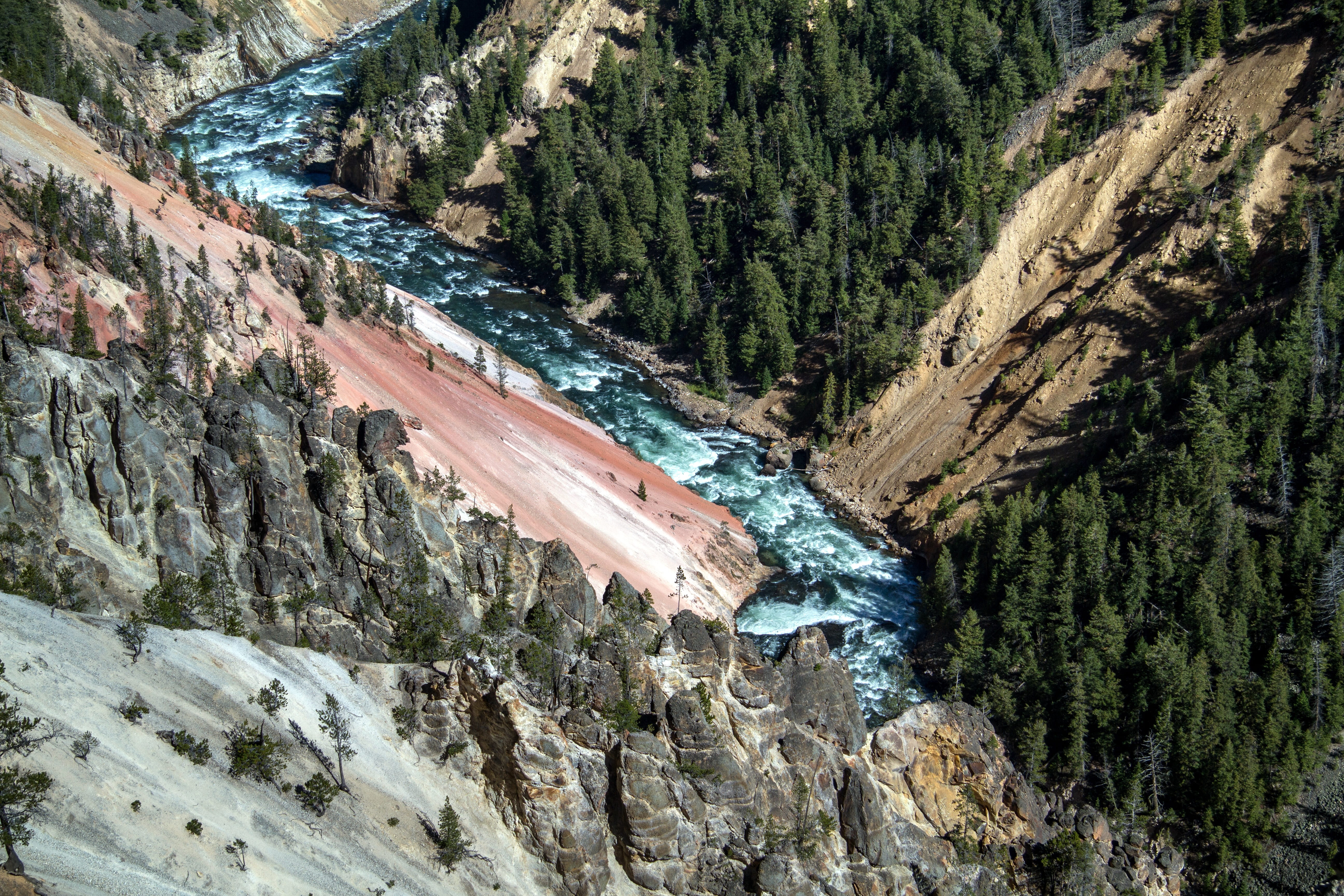 daytime, non-urban scene, outdoors, formation, 5K, yellowstone national park, yellowstone river, view, tranquil scene, tree, physical geography, wyoming, HD Wallpaper