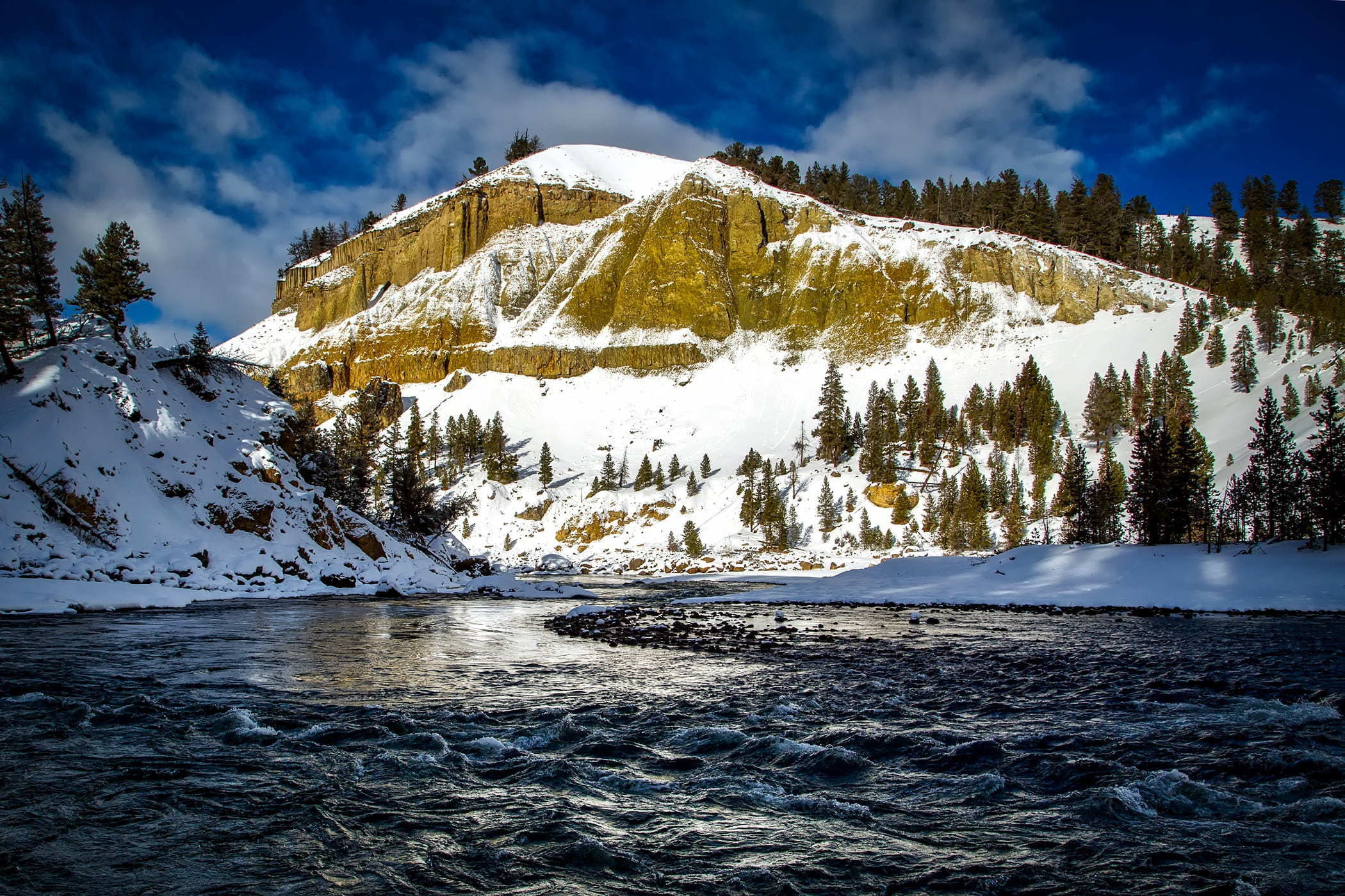 water, wyoming, scenics - nature, tranquility, hdr, tranquil scene, cold temperature, tree, non-urban scene, winter, snowcapped mountain, trees, yellowstone river, HD Wallpaper