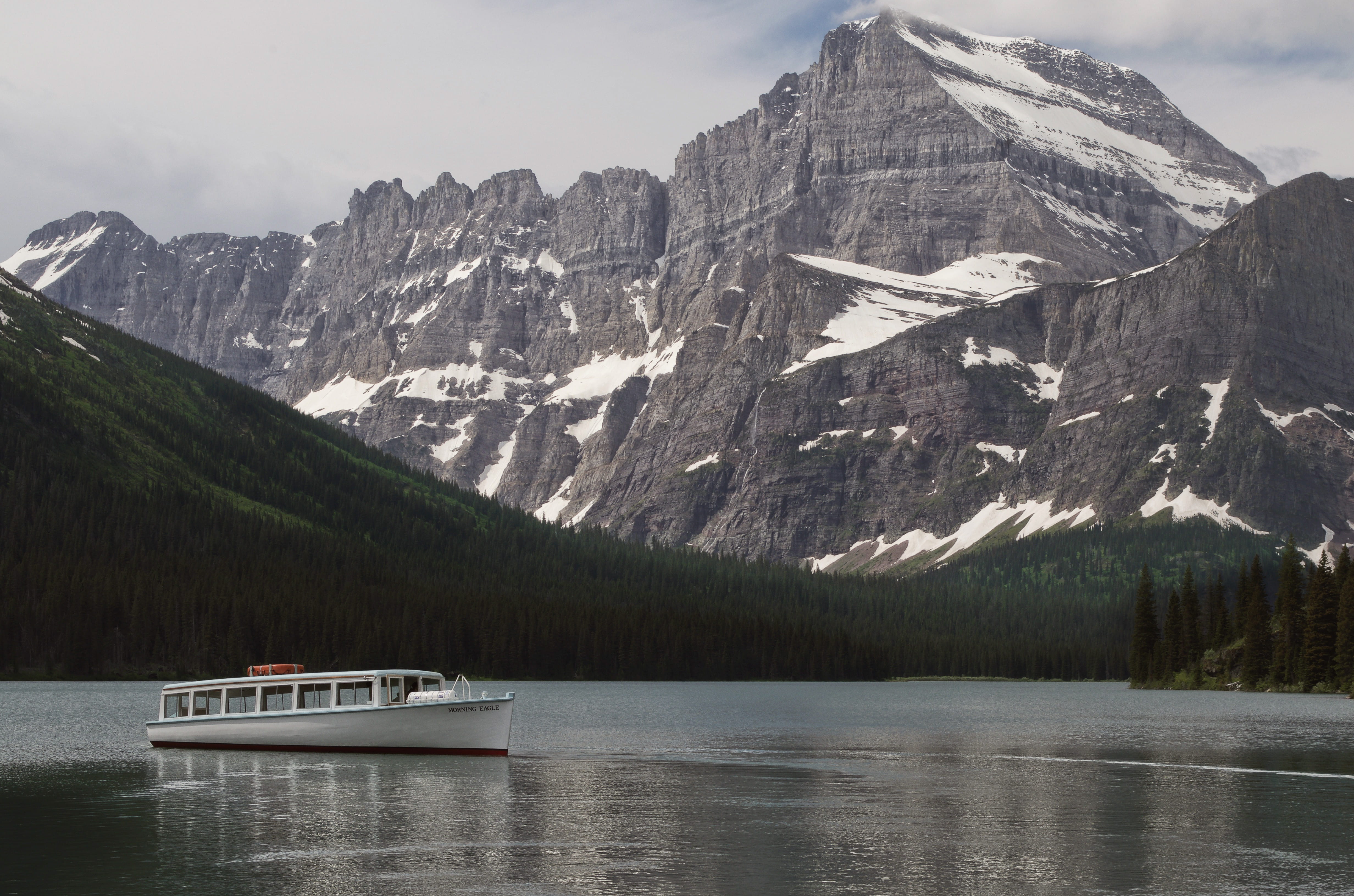 day, body, boat, passenger craft, nautical vessel, snow, cruise, glacier lake, lake, beauty in nature, forest, snowcapped mountain, woodland, outdoors, HD Wallpaper