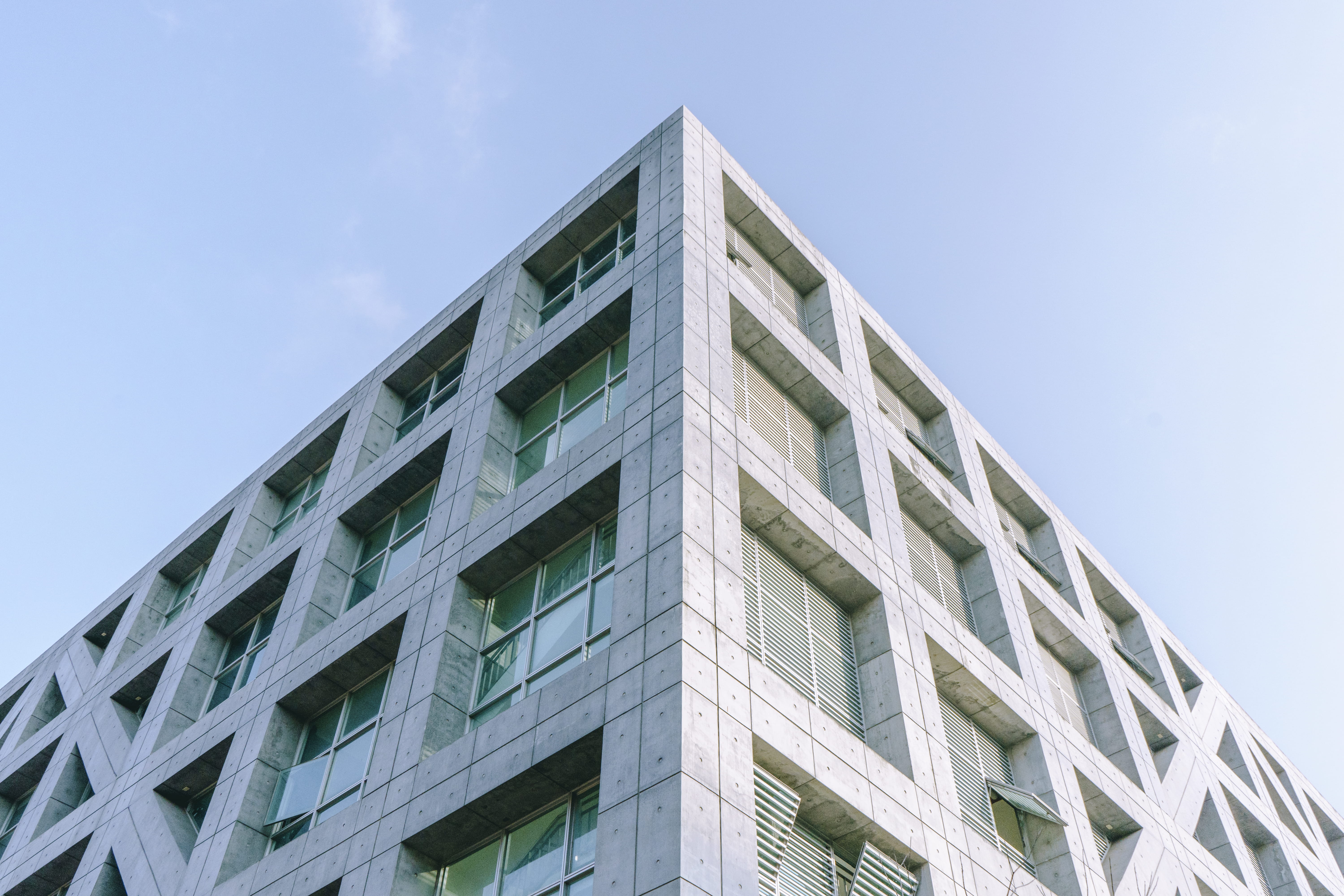 corner, blue, glass - material, housing, skyscraper, window, gray, condo, high rise, urban, concrete, business, 5K, low, tainan national first senior high school, HD Wallpaper